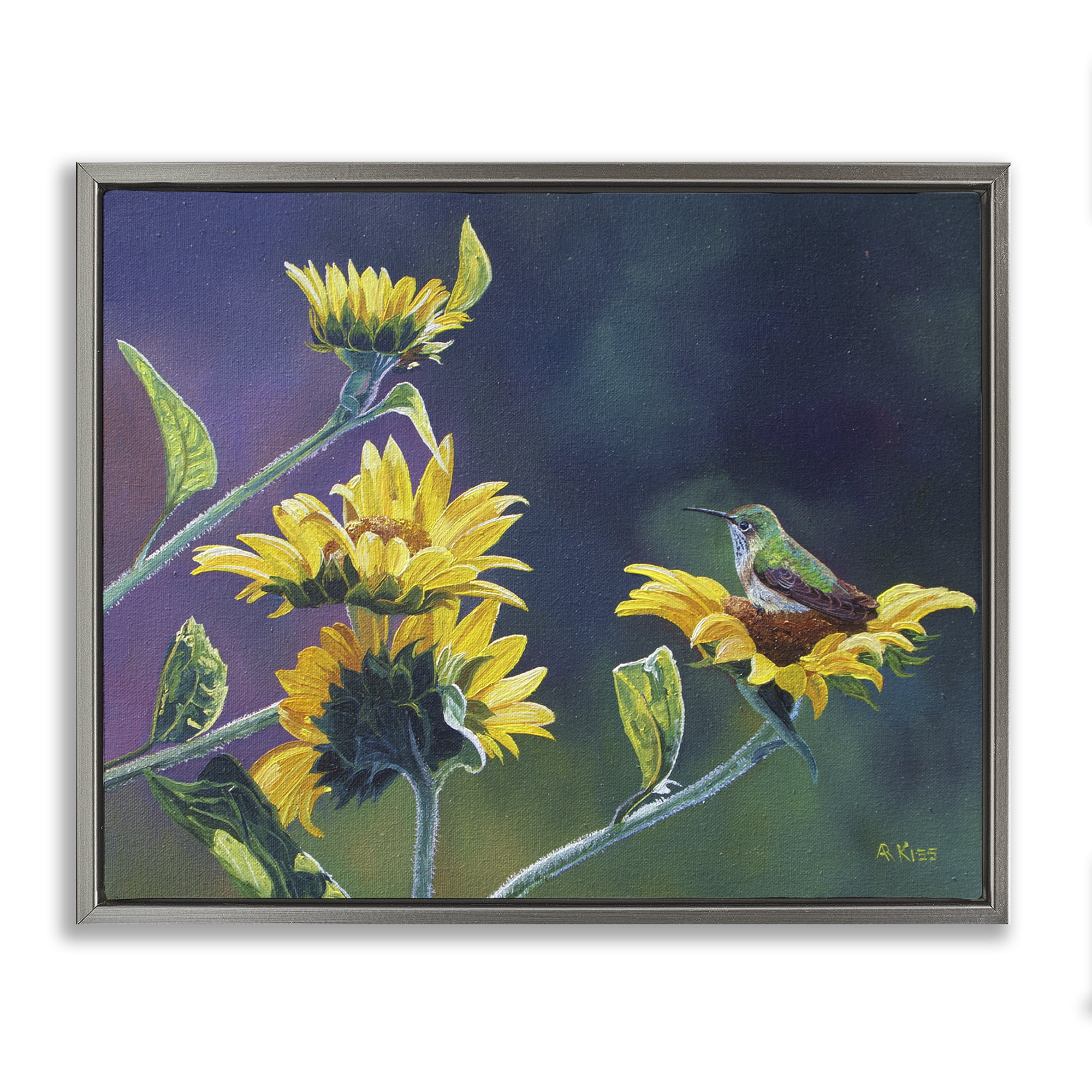Stupell Industries Resting Birds on Sunflowers Plants & Flowers Painting Gray Floater Framed Canvas Art Print Wall Art, 21 x 17