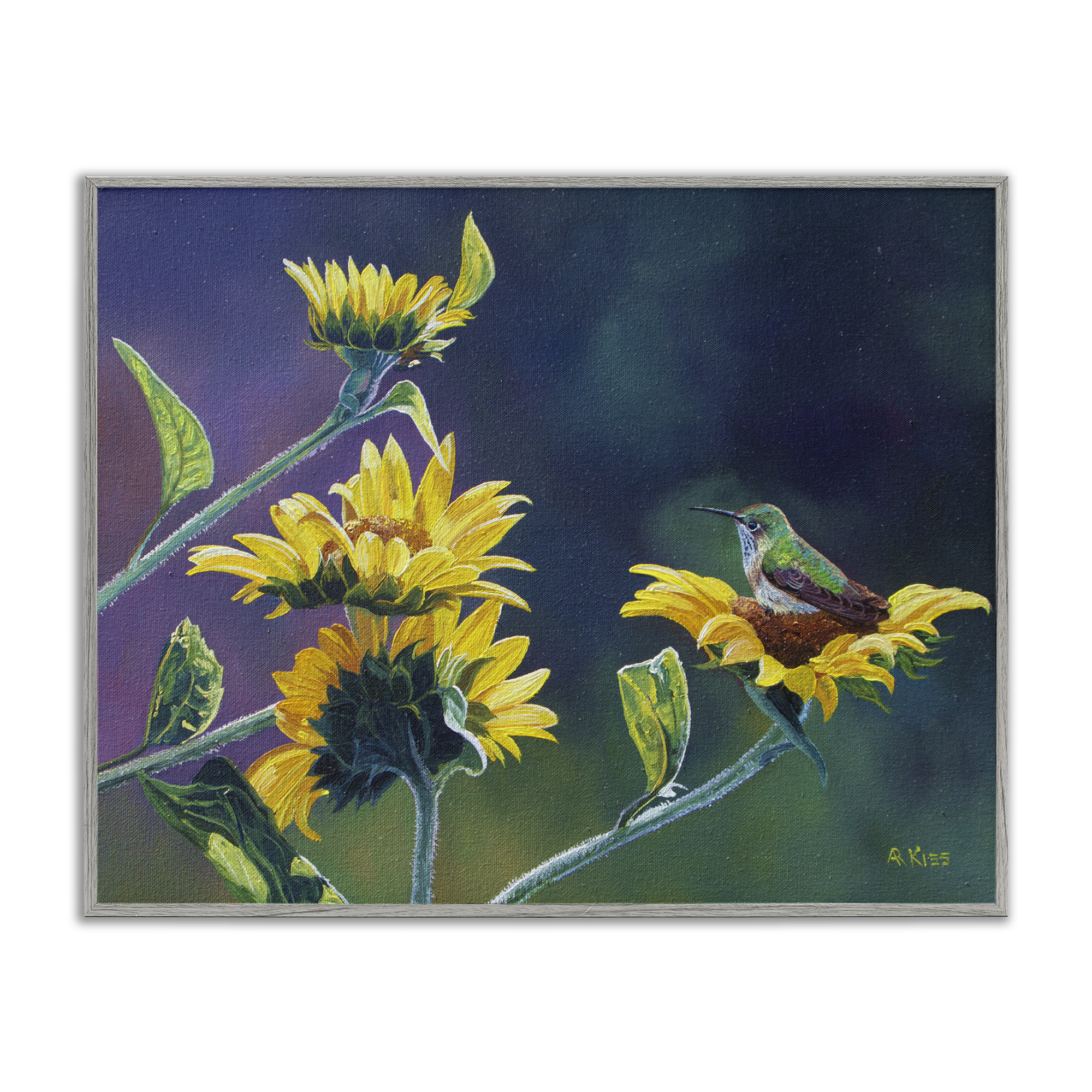 Stupell Industries Resting Birds on Sunflowers Plants & Flowers Painting Gray Framed Art Print Wall Art, 20 x 16