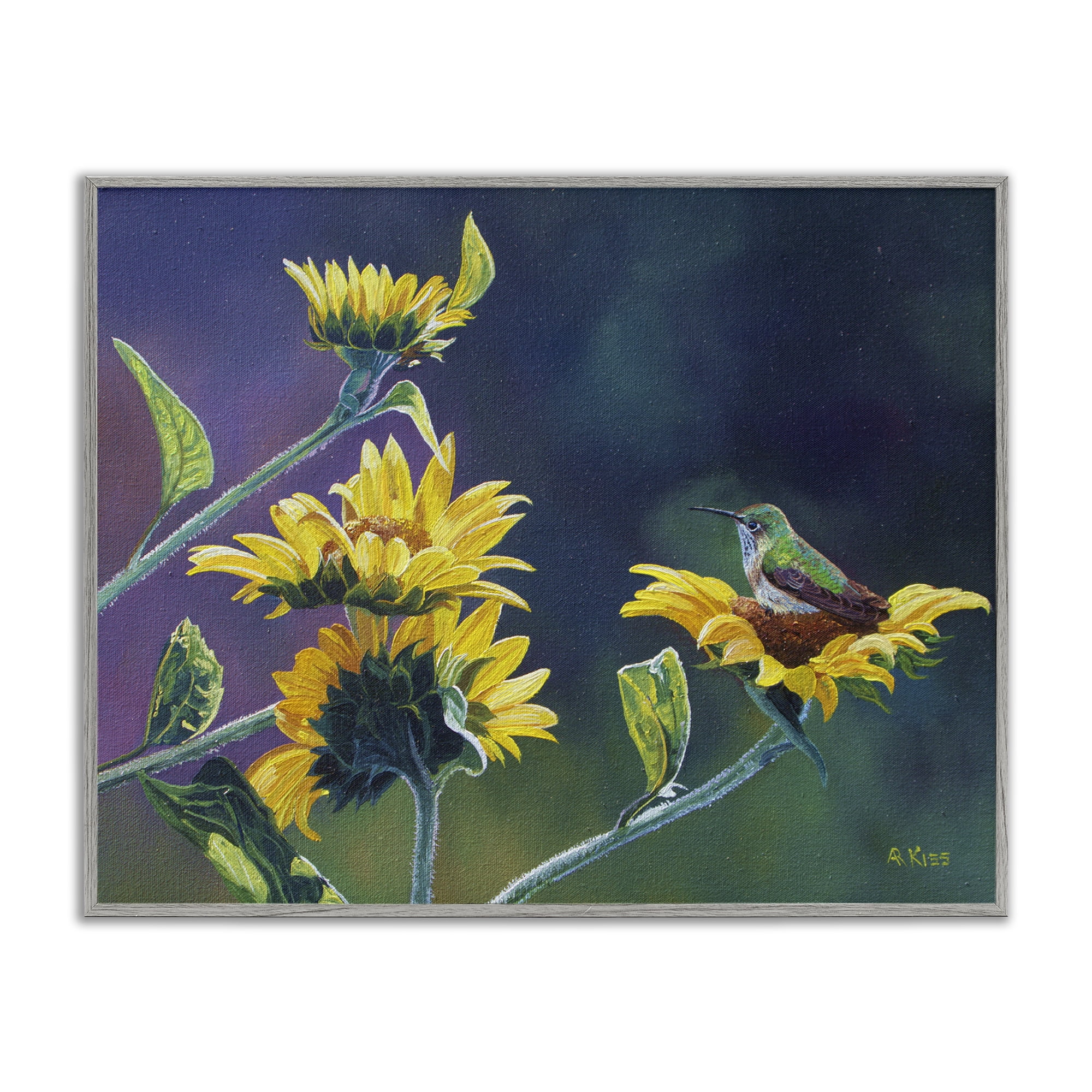Stupell Industries Resting Birds on Sunflowers Plants & Flowers Painting Gray Framed Art Print Wall Art, 30 x 24