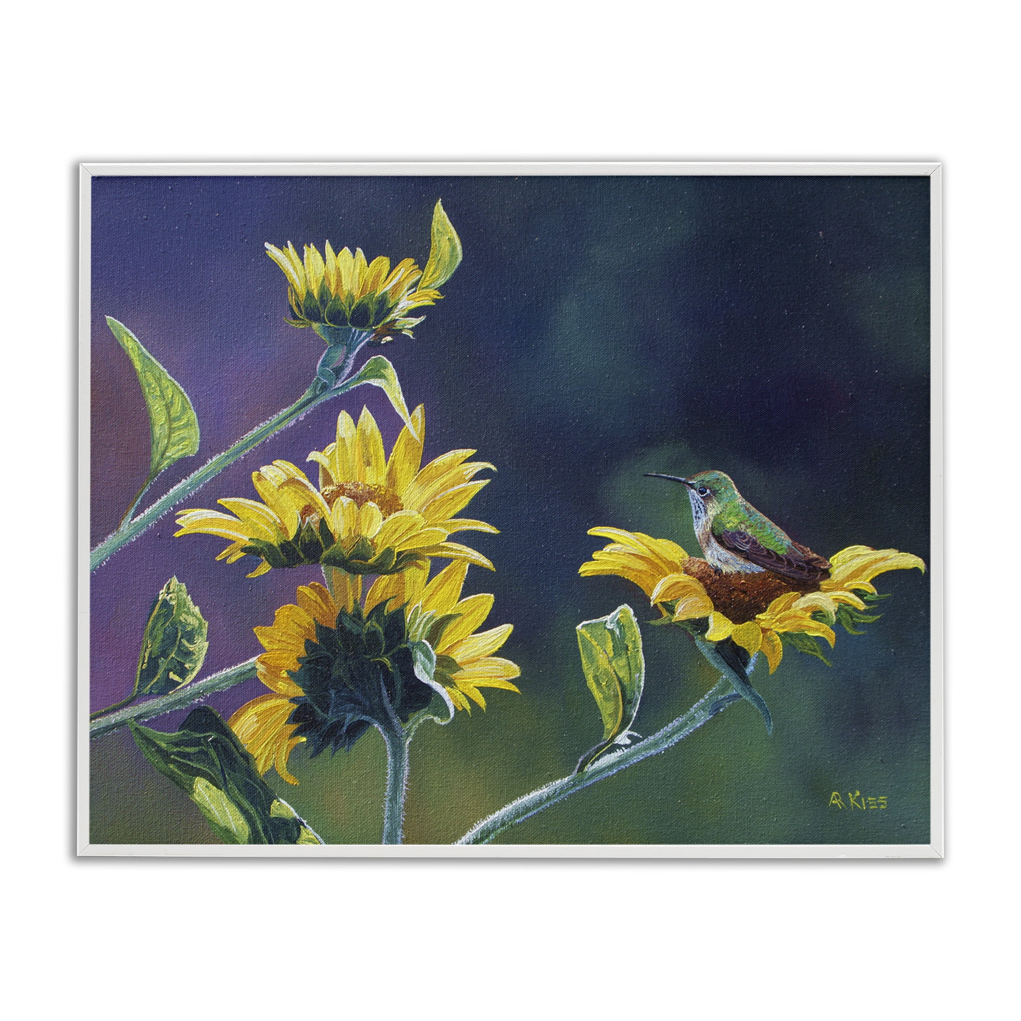 Stupell Industries Resting Birds on Sunflowers Plants & Flowers Painting White Framed Art Print Wall Art, 14 x 11