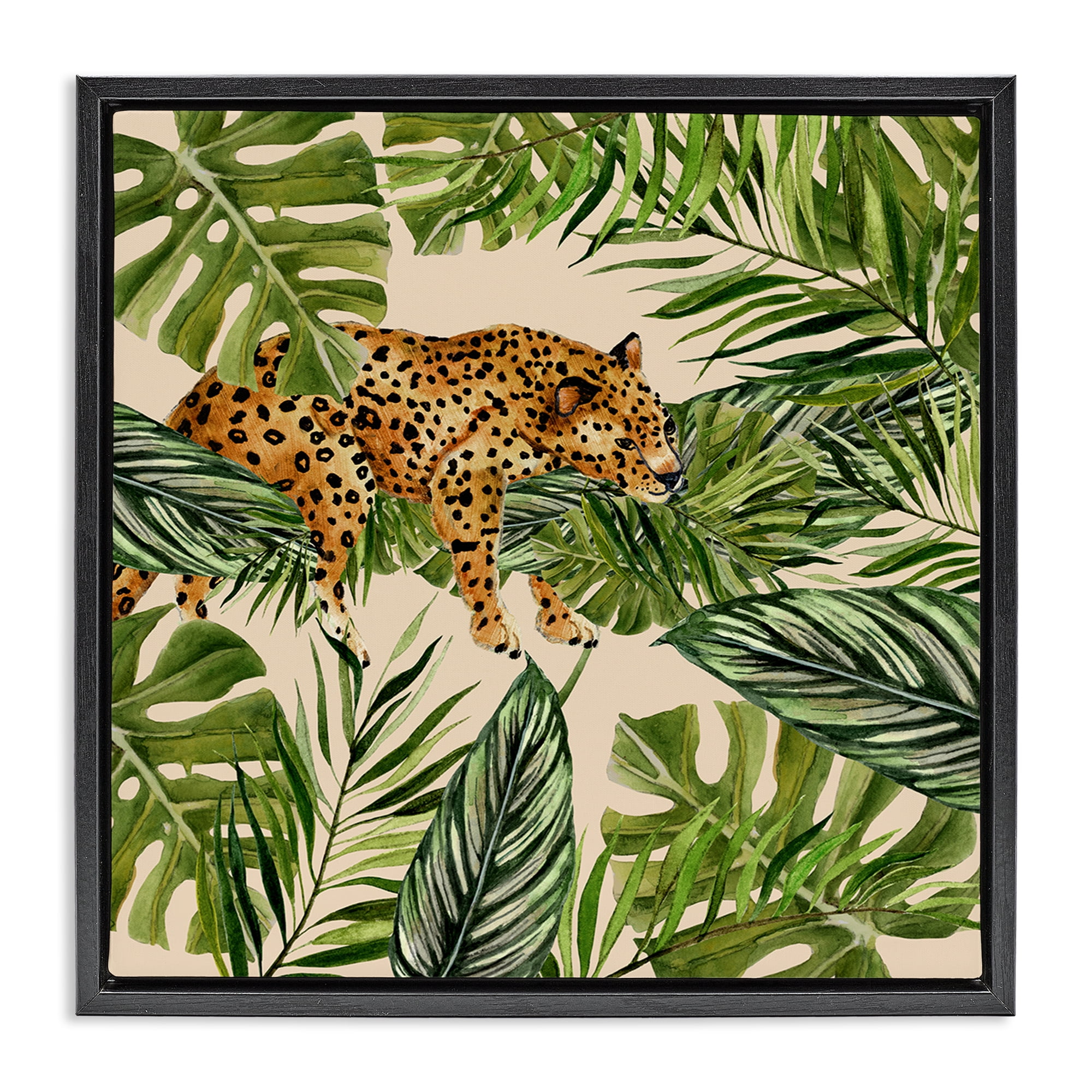 Stupell Industries Resting Leopard on Branch Plants & Flowers Painting Black Floater Framed Canvas Art Print Wall Art, 25 x 25