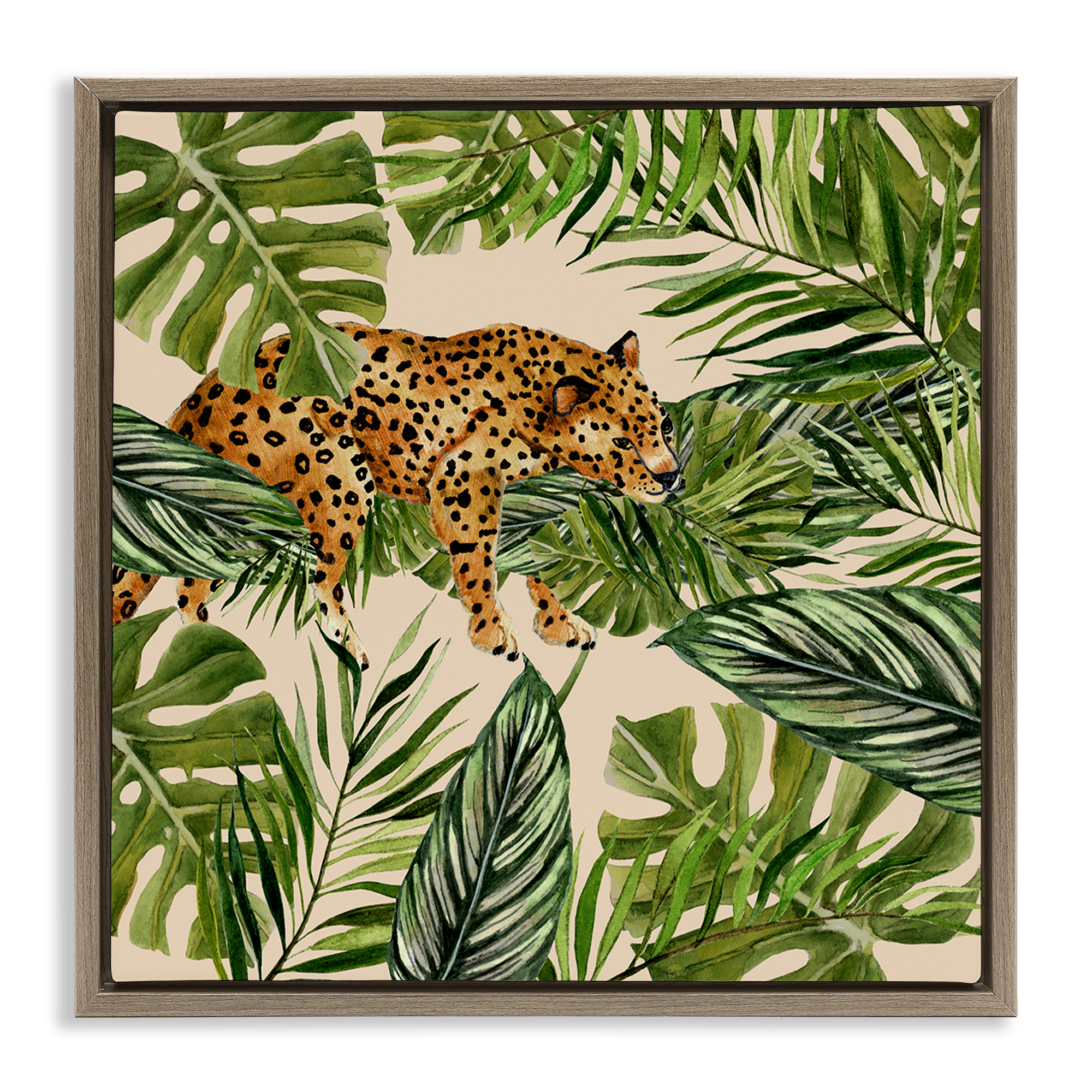 Stupell Industries Resting Leopard on Branch Plants & Flowers Painting Brown Floater Framed Canvas Art Print Wall Art, 25 x 25