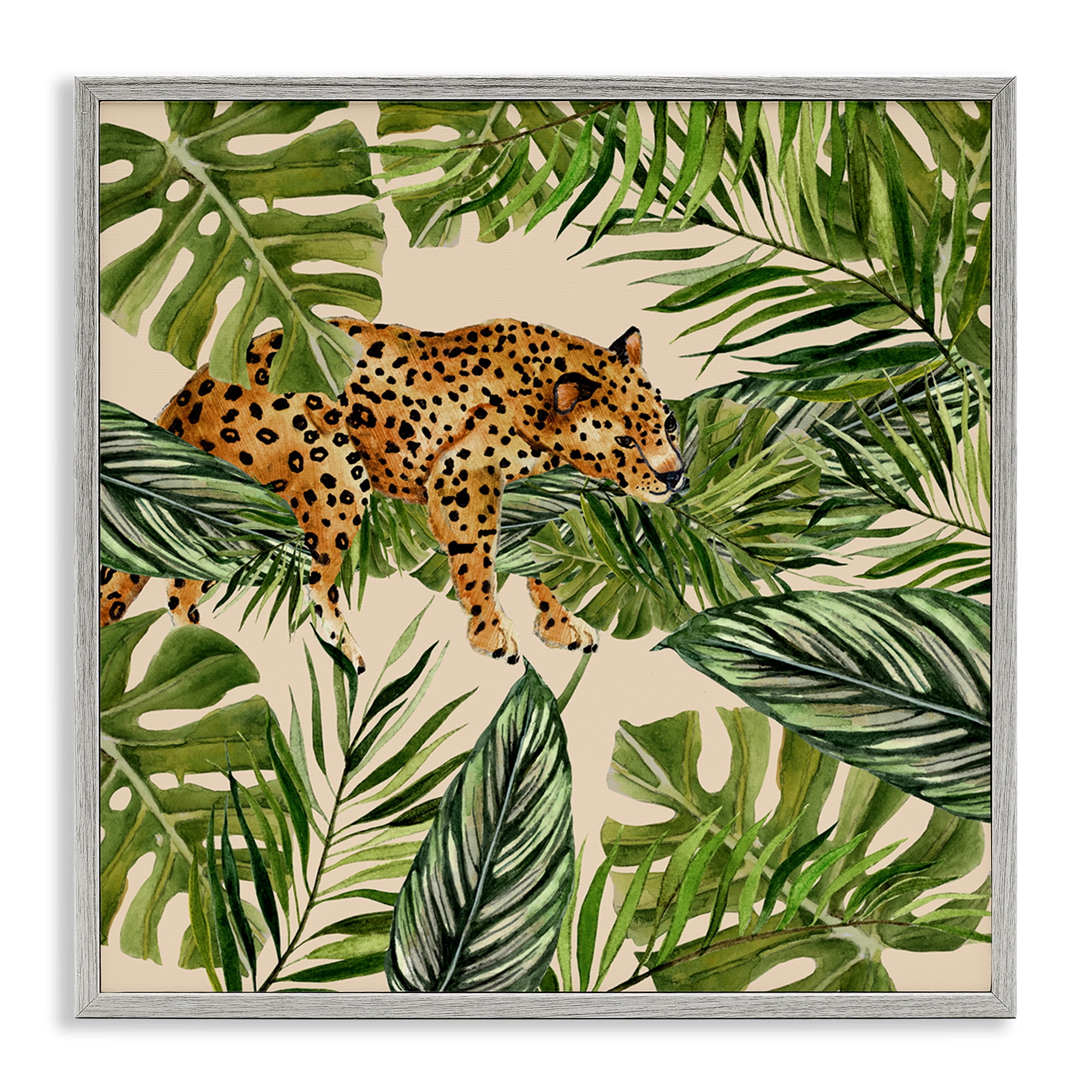 Stupell Industries Resting Leopard on Branch Plants & Flowers Painting Gray Framed Art Print Wall Art, 17 x 17