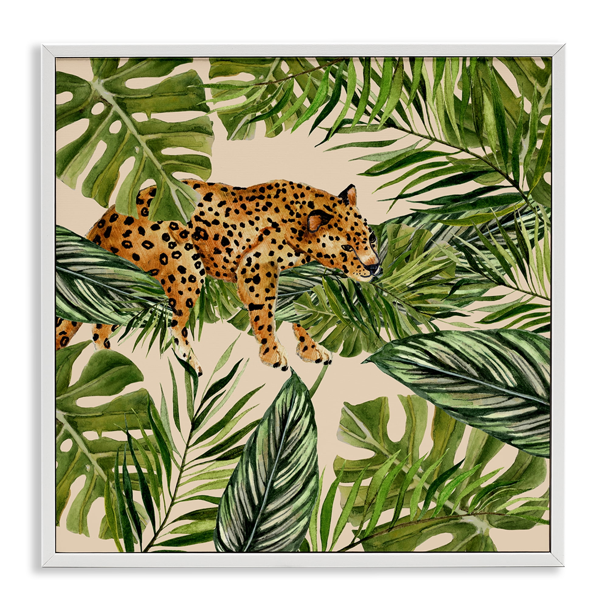 Stupell Industries Resting Leopard on Branch Plants & Flowers Painting White Framed Art Print Wall Art, 24 x 24