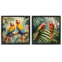 Stupell Industries Resting Parrots Among Jungle Animals Painting Black Floater Framed Canvas Art Print Wall Art, 18 x 18, Set of 2