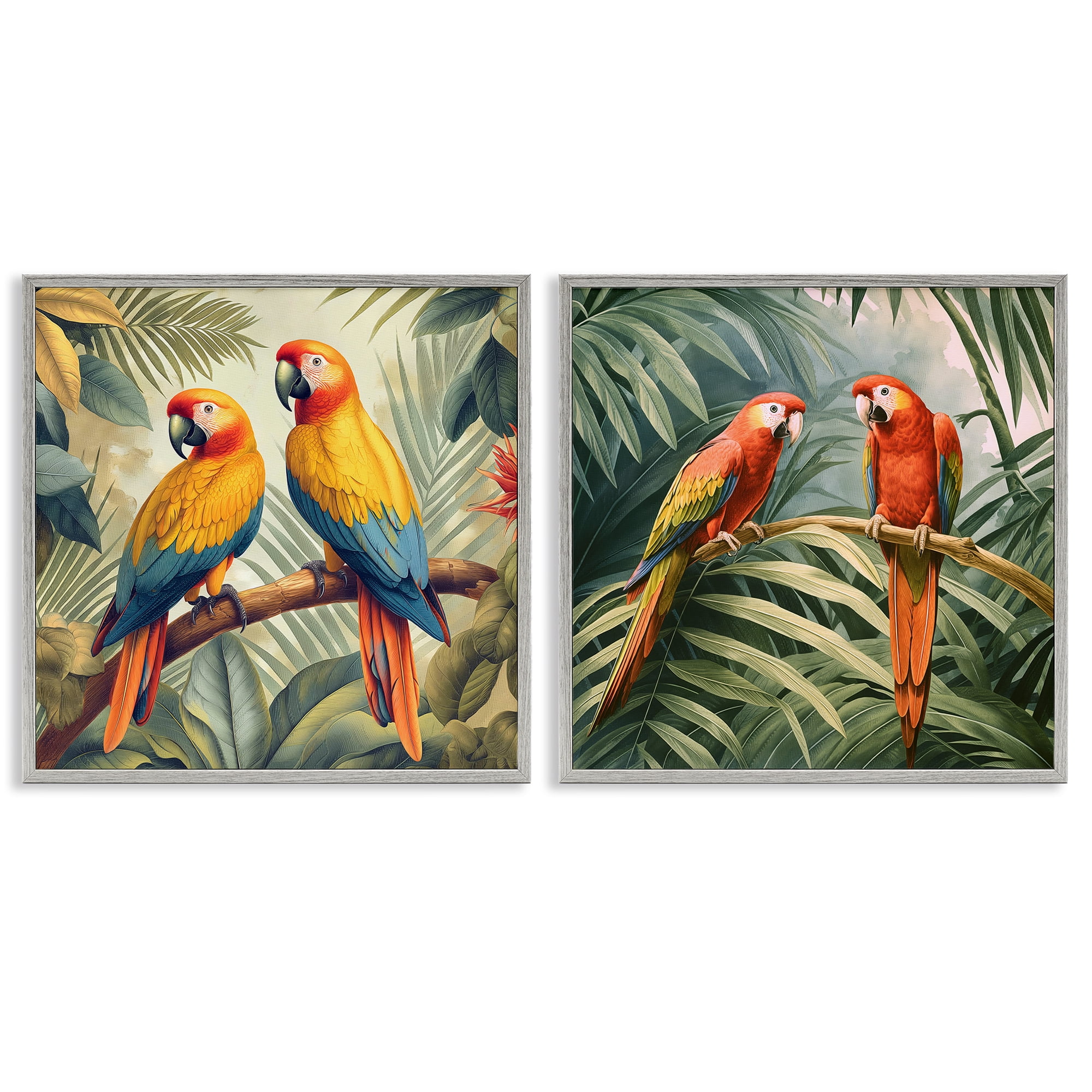 Stupell Industries Resting Parrots Among Jungle Animals Painting Gray Framed Art Print Wall Art, 12 x 12, Set of 2