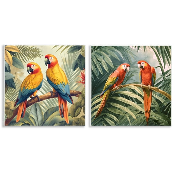 Stupell Industries Resting Parrots Among Jungle Animals Painting Unframed Art Print Wall Art, 12 x 12, Set of 2