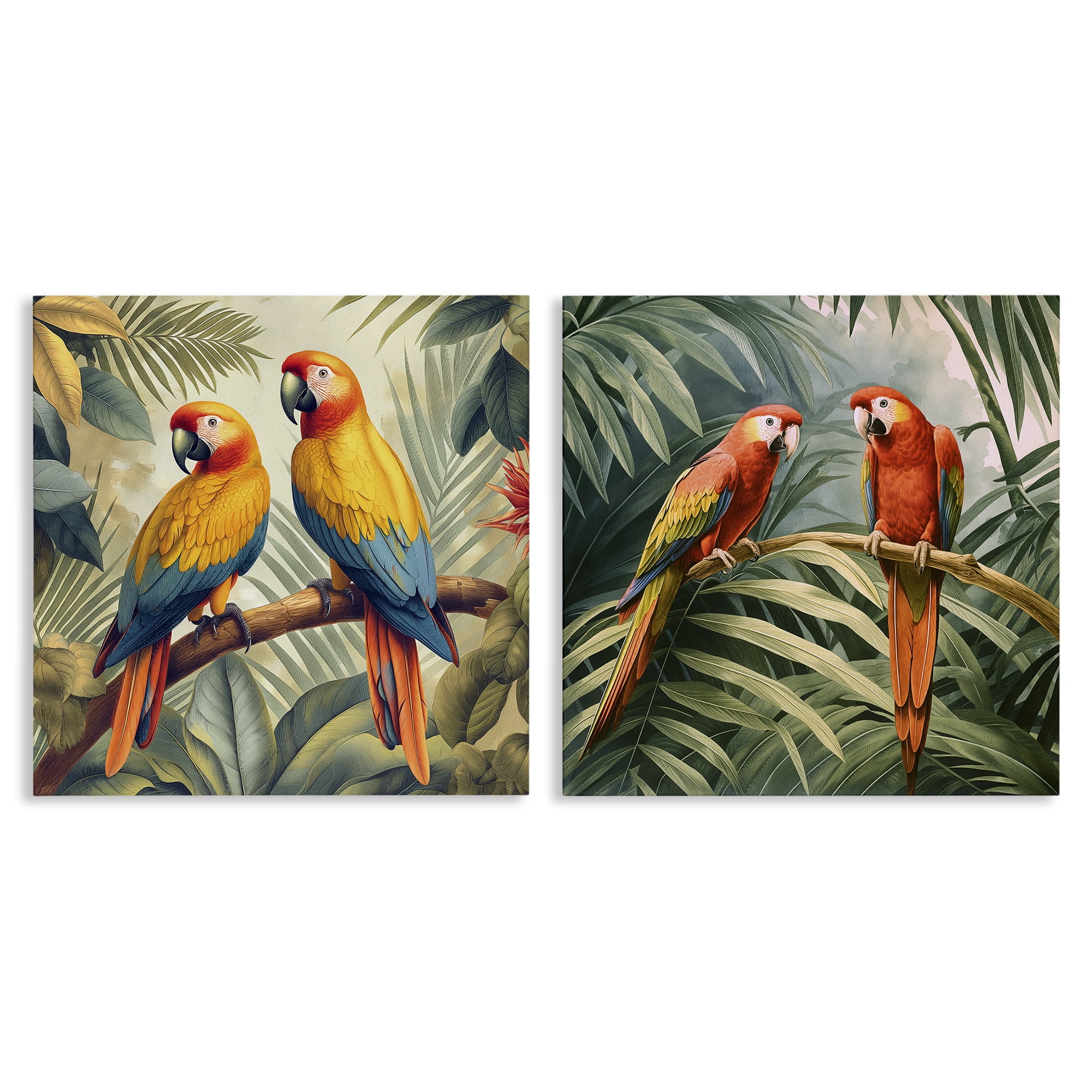 Stupell Industries Resting Parrots Among Jungle Animals Painting Wrapped Canvas Art Print Wall Art, 17 x 17, Set of 2
