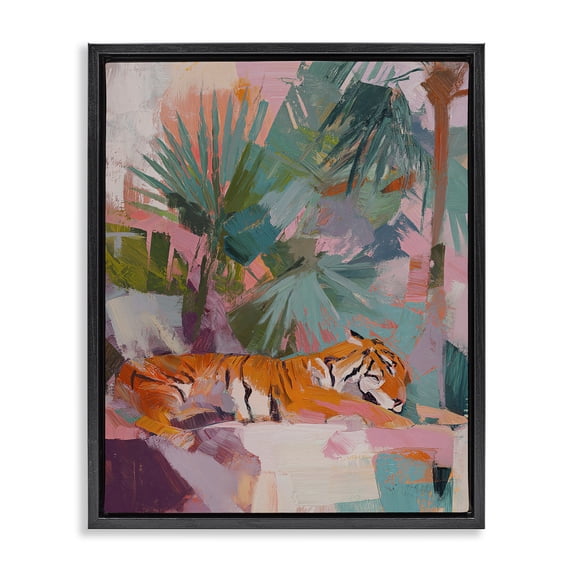 Stupell Industries Contemporary Resting Tiger Beneath Leaves Black Floating Frame Canvas Art, 17 x 21, by Svetlana Aleynikova