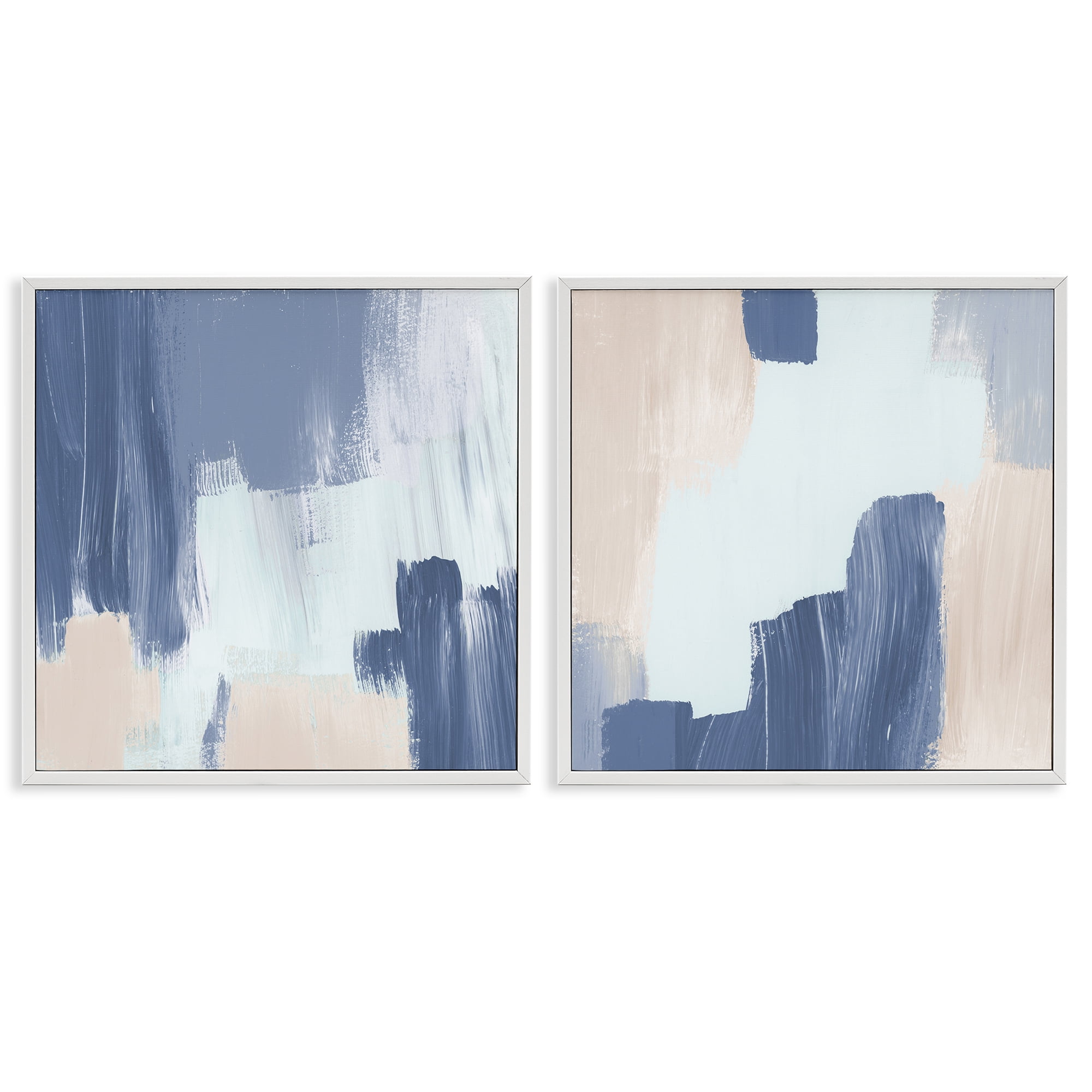 Stupell Industries Restless Blue Brush Strokes Abstract Painting White Framed Art Print Wall Art, 24 x 24, Set of 2