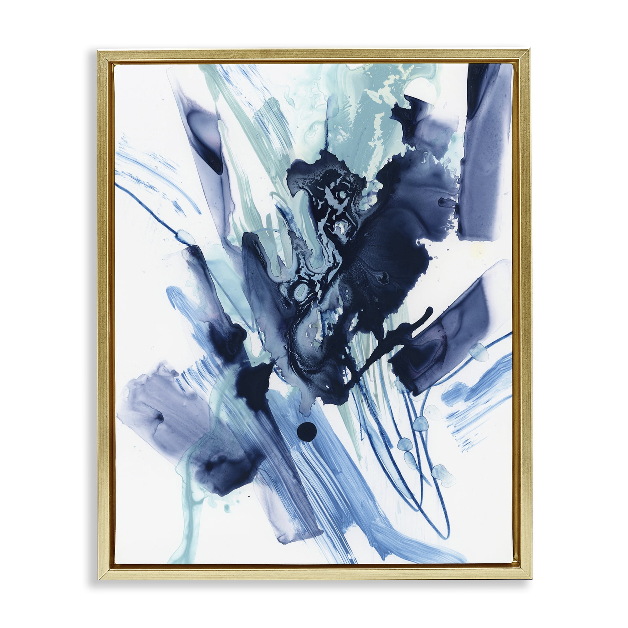 Stupell Industries Restless Blue Splash Abstract Painting Gold Floater Framed Canvas Art Print Wall Art, 17 x 21