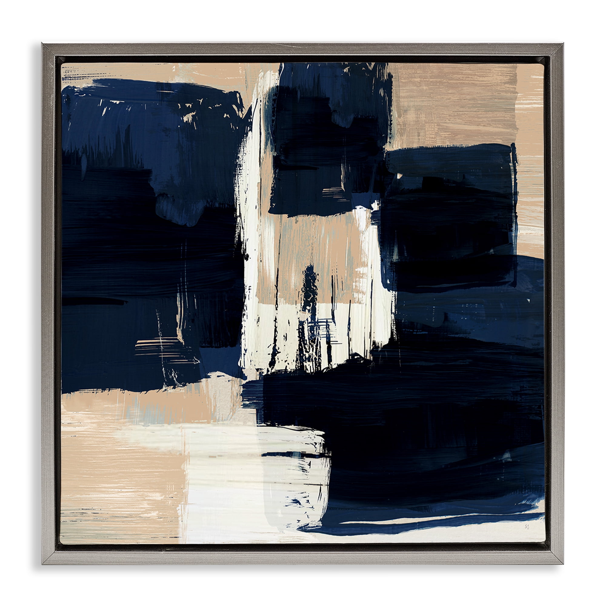 Stupell Industries Restless Blue & Tan Shapes Abstract Painting Gray Floater Framed Canvas Art Print Wall Art, 18 x 18
