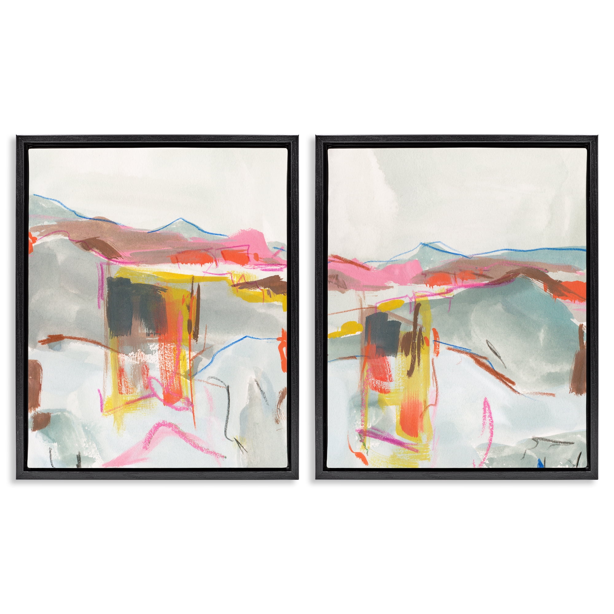 Stupell Industries Restless Soft Mountain Abstract Abstract Painting Black Floater Framed Canvas Art Print Wall Art, 31 x 25, Set of 2