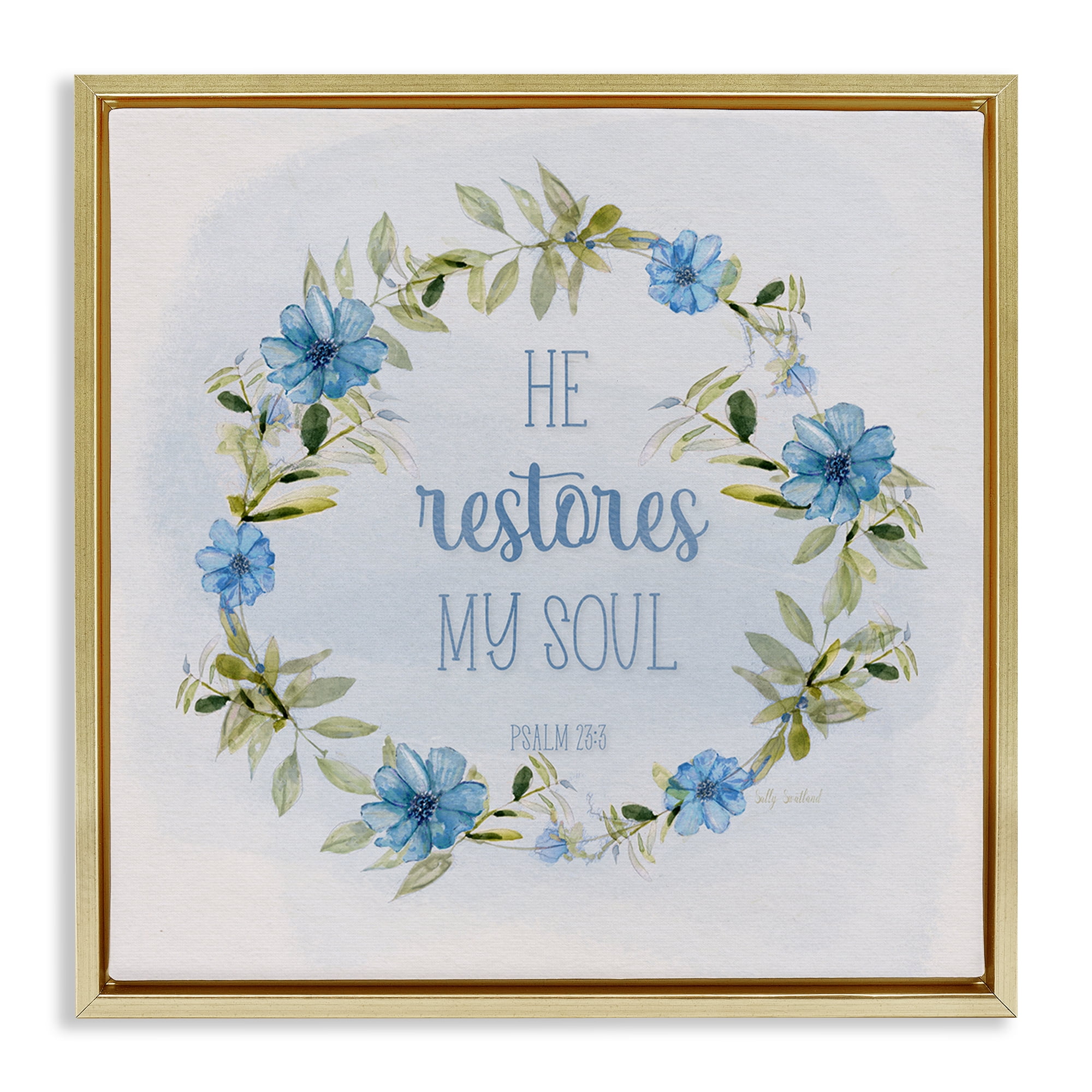 Stupell Industries Restores My Soul Proverb Religious & Spiritual Painting Gold Floater Framed Canvas Art Print Wall Art, 25 x 25