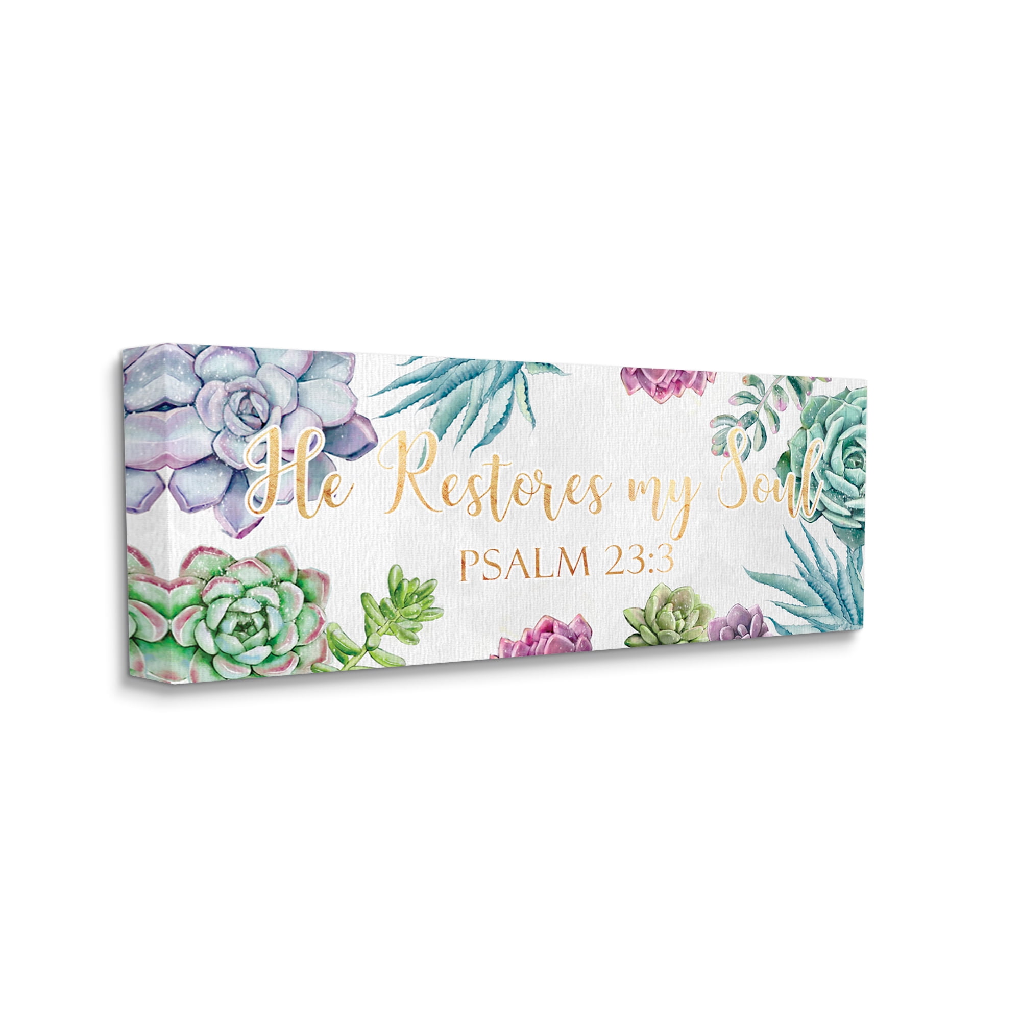 Stupell Industries Restores My Soul Psalm 23:3 Blooming Succulents Botanical & Floral Painting Gallery Wrapped Canvas Art Print Wall Art, 13 x 30