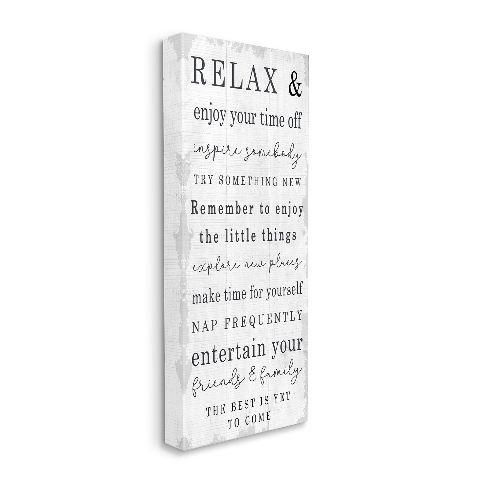 Stupell Industries Retirement Relaxation Sign White Distressed Pattern Inspirational Painting Gallery Wrapped Canvas Art Print Wall Art, 20 x 48