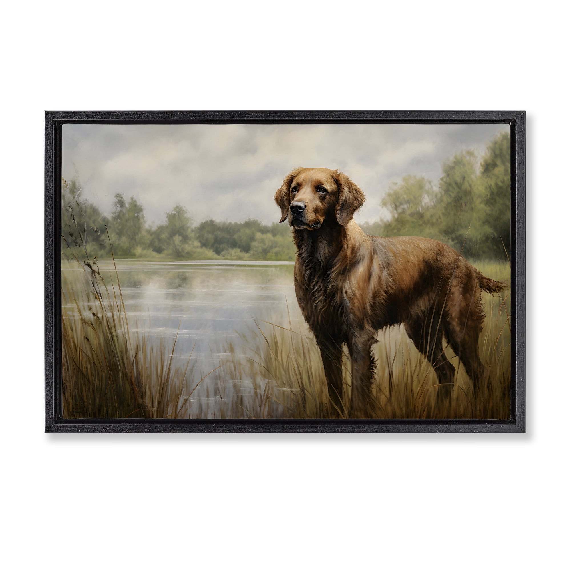 Stupell Industries Retriever Dog & Pond Landscape Painting Black Floater Framed Canvas Art Print Wall Art, 25 x 17