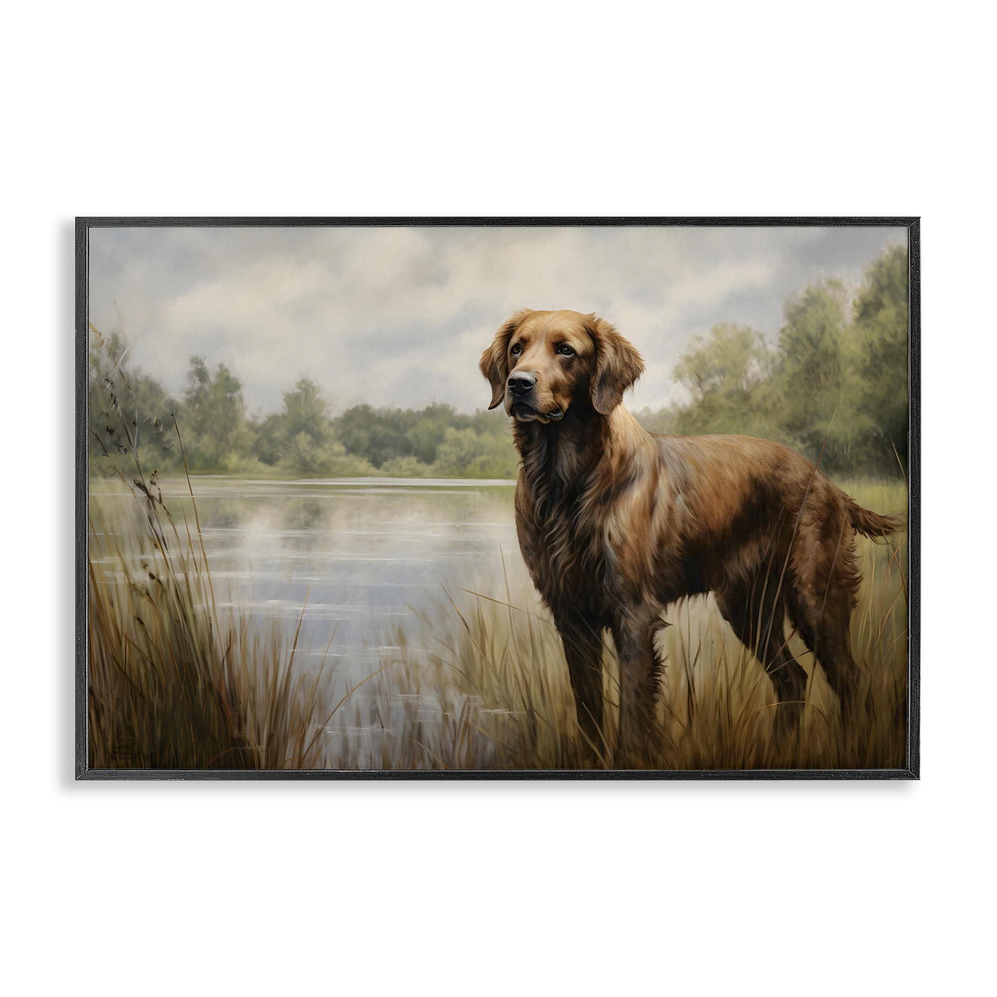 Stupell Industries Retriever Dog & Pond Landscape Painting Black Framed Art Print Wall Art, 30 x 20