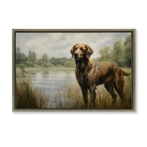 Stupell Industries Retriever Dog & Pond Landscape Painting Brown Floater Framed Canvas Art Print Wall Art, 25 x 17