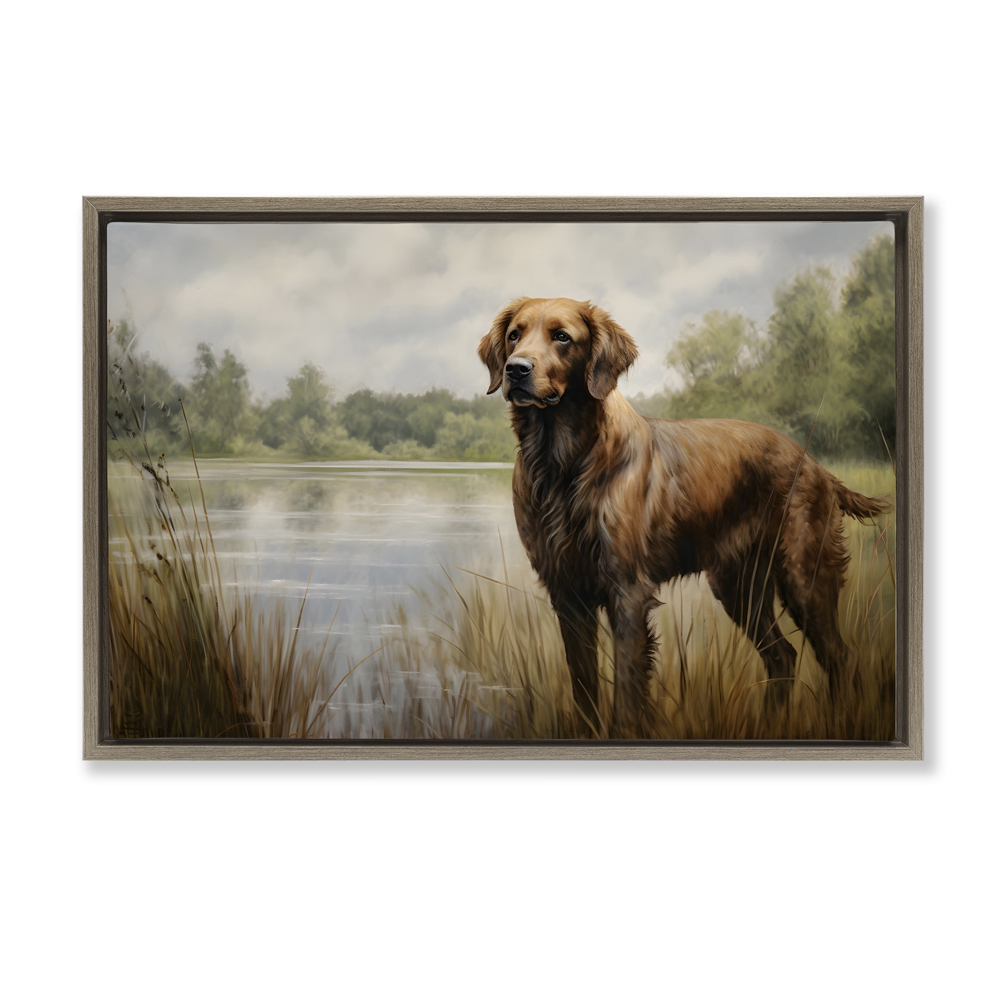Stupell Industries Retriever Dog & Pond Landscape Painting Brown Floater Framed Canvas Art Print Wall Art, 31 x 21