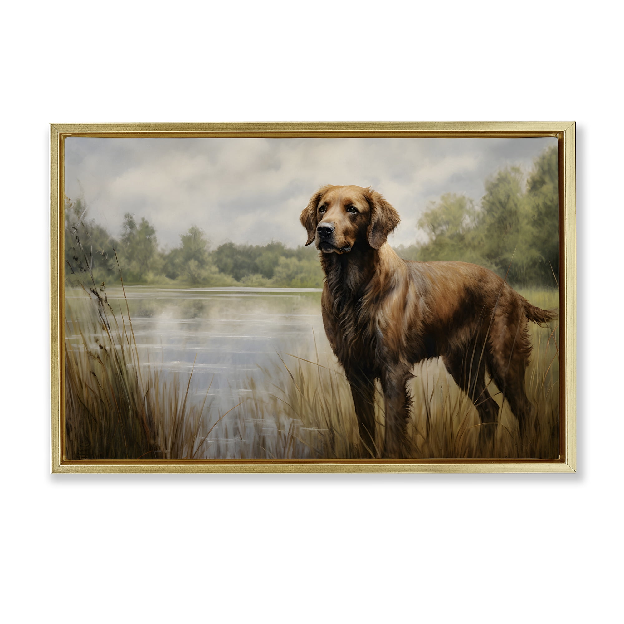 Stupell Industries Retriever Dog & Pond Landscape Painting Gold Floater Framed Canvas Art Print Wall Art, 31 x 21