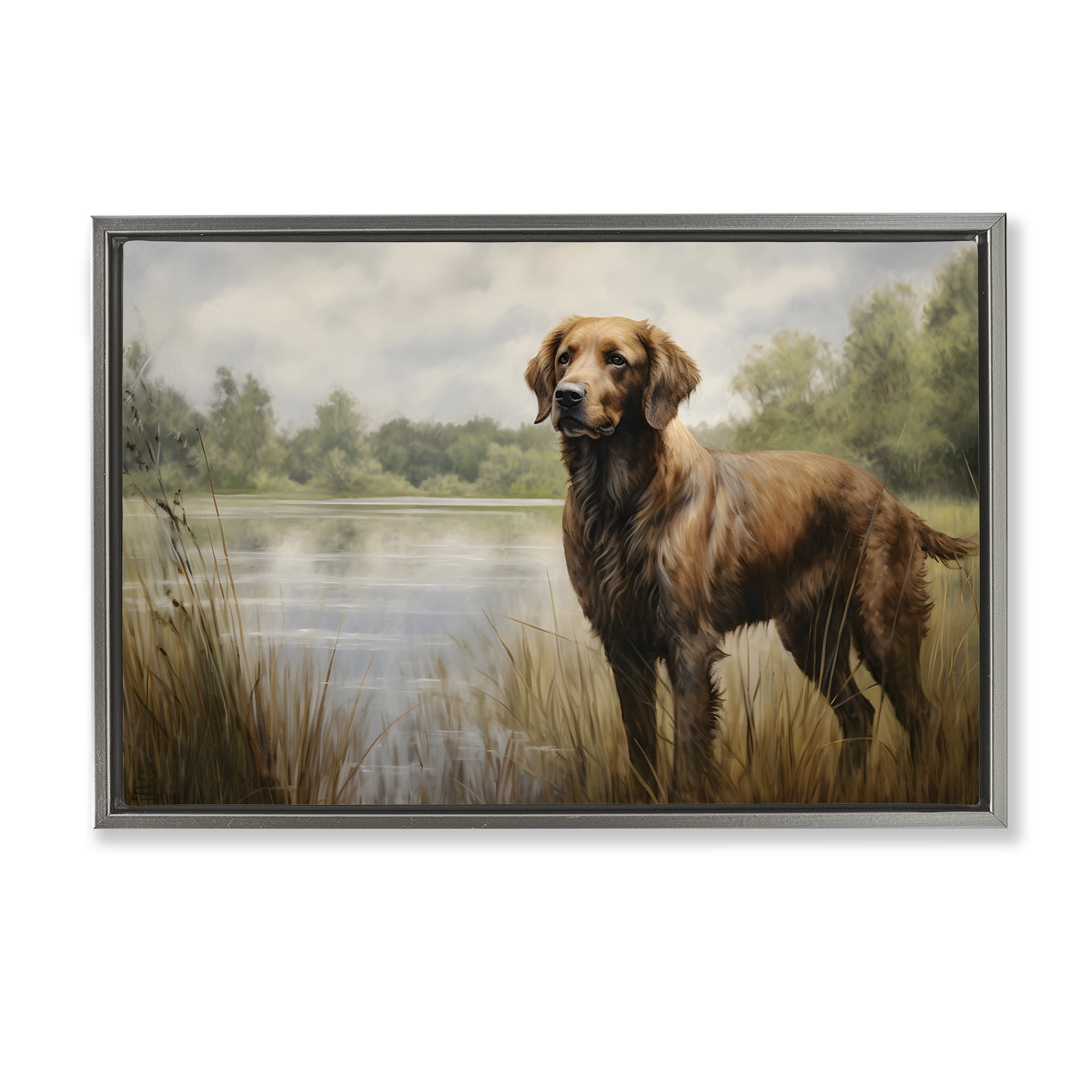 Stupell Industries Retriever Dog & Pond Landscape Painting Gray Floater Framed Canvas Art Print Wall Art, 25 x 17