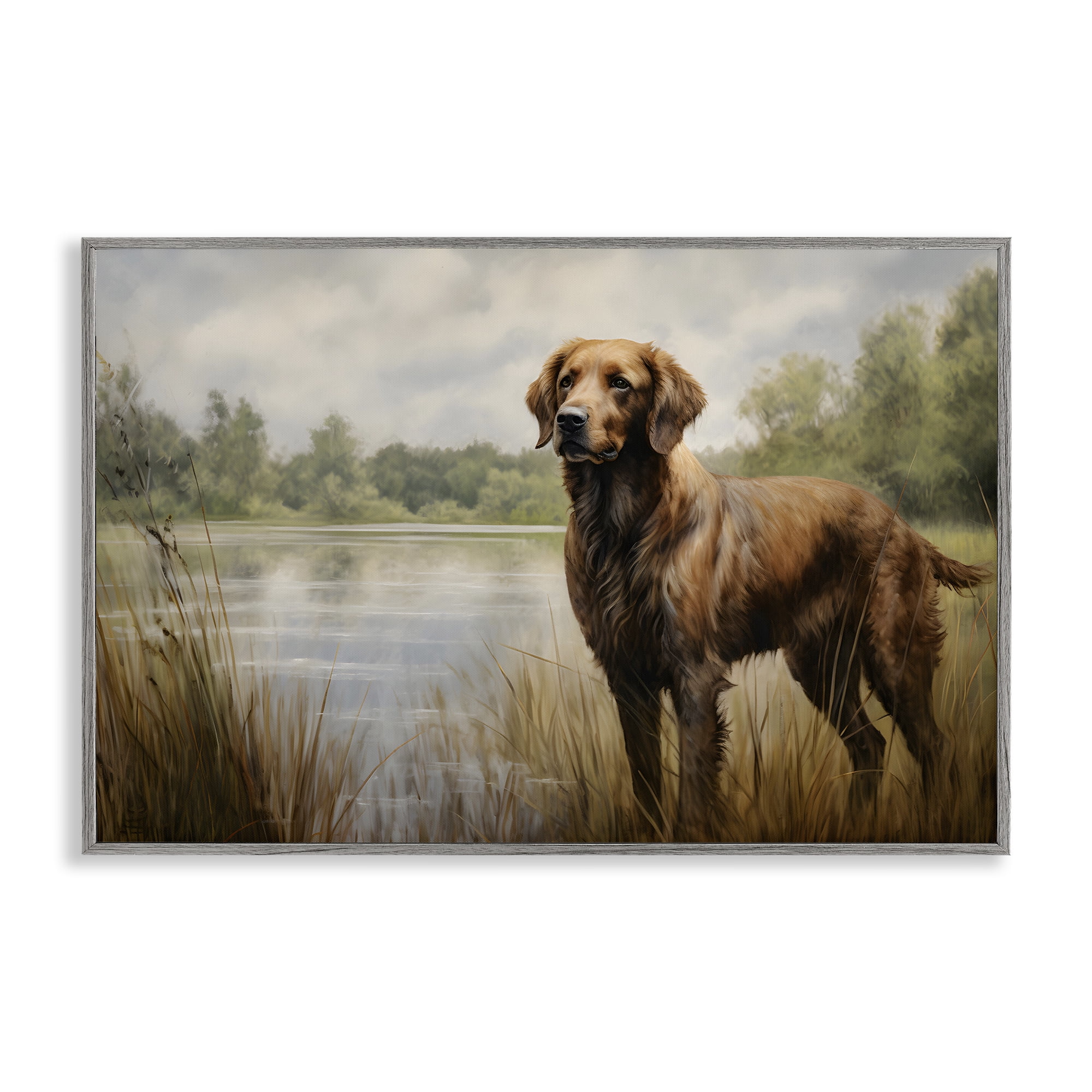 Stupell Industries Retriever Dog & Pond Landscape Painting Gray Framed Art Print Wall Art, 30 x 20
