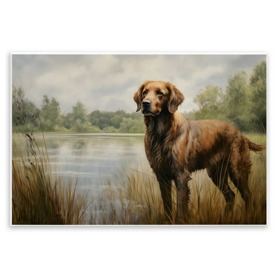 Stupell Industries Retriever Dog & Pond Landscape Painting Unframed Art Print Wall Art, 15 x 10
