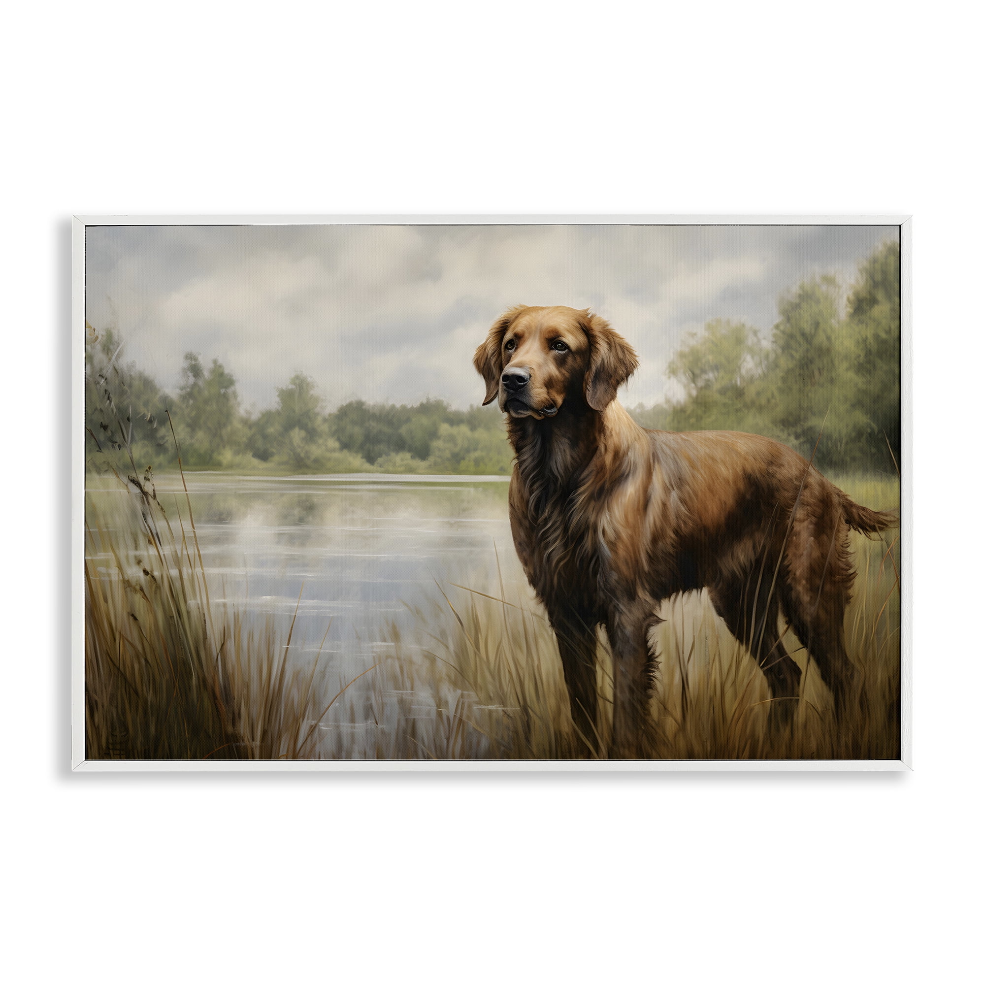 Stupell Industries Retriever Dog & Pond Landscape Painting White Framed Art Print Wall Art, 18 x 12