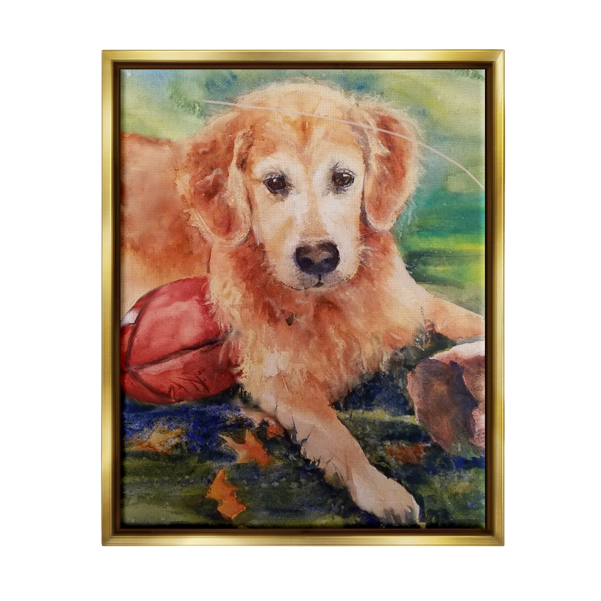 Stupell Industries Retriever Dog with Football Animals & Insects Painting Gold Floater Framed Art Print Wall Art, 17 x 21