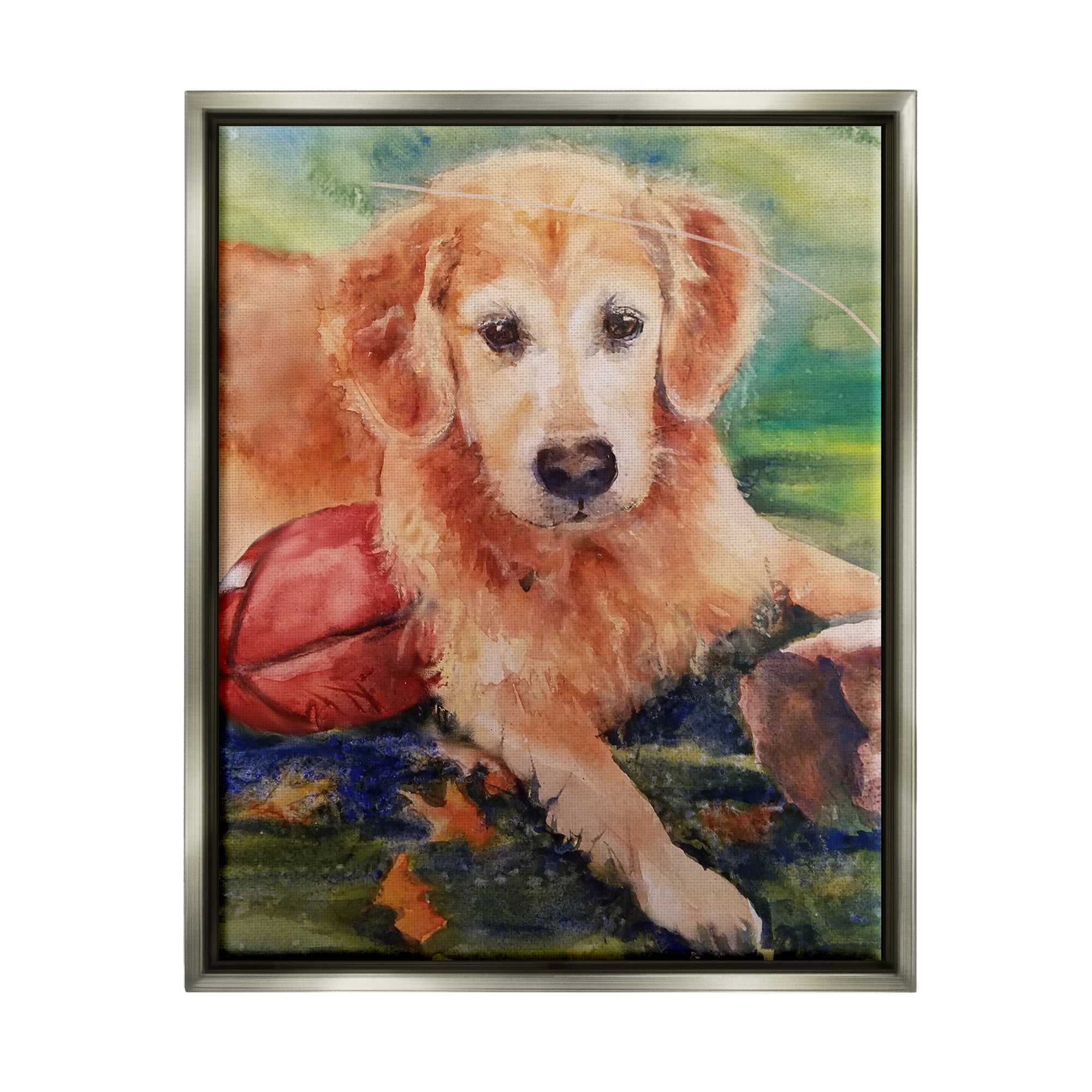 Stupell Industries Retriever Dog with Football Animals & Insects Painting Gray Floater Framed Art Print Wall Art, 25 x 31