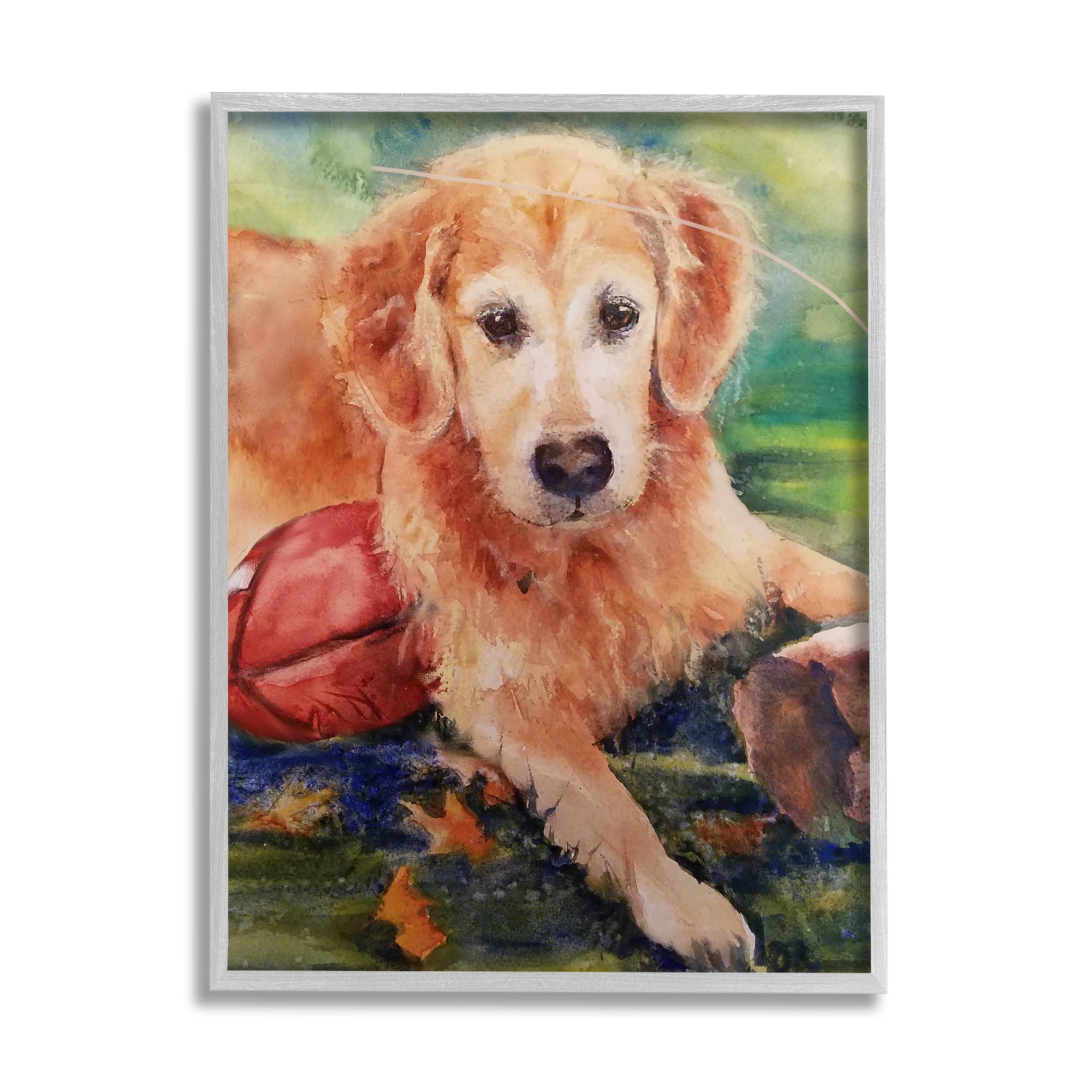 Stupell Industries Retriever Dog with Football Animals & Insects Painting Gray Framed Art Print Wall Art, 11 x 14