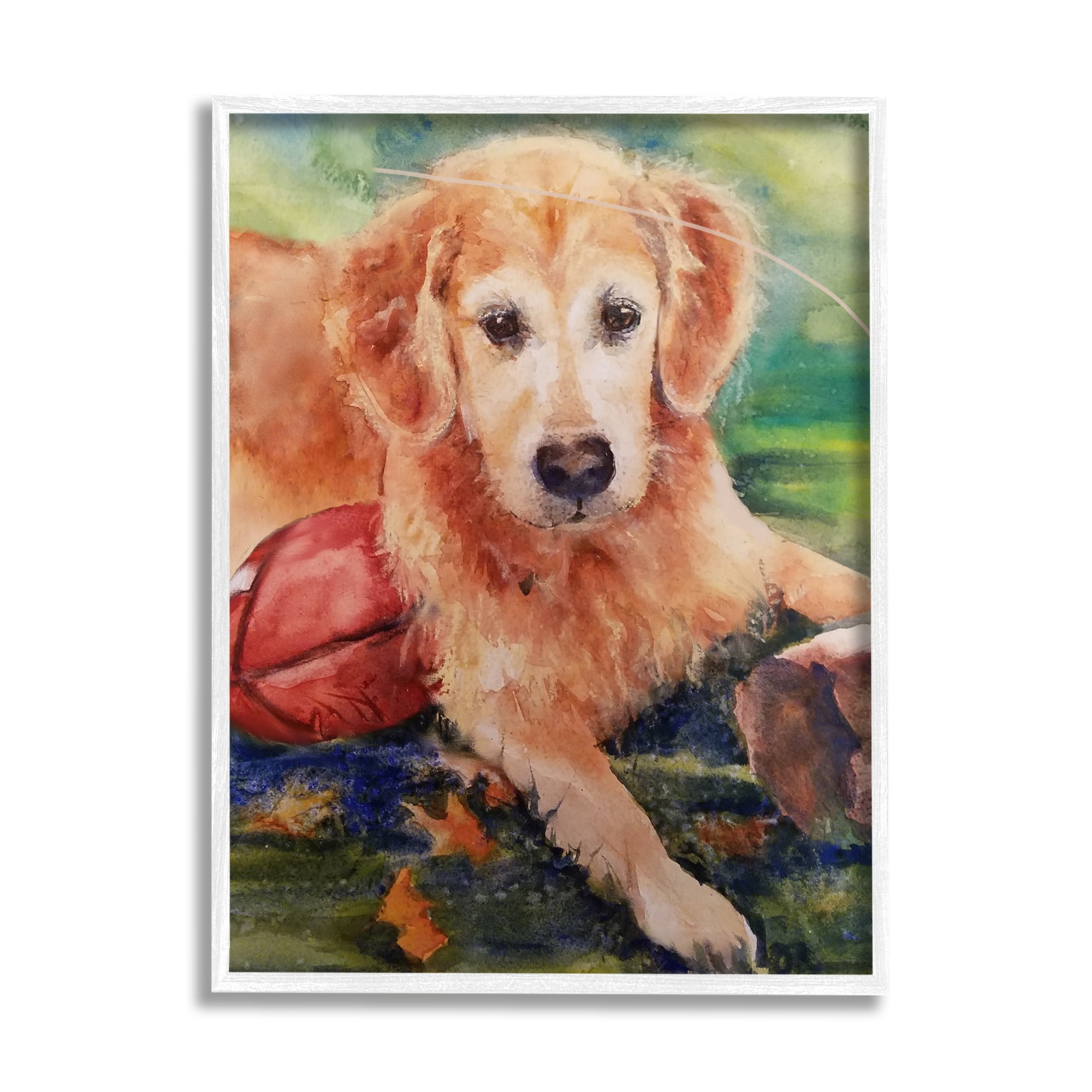 Stupell Industries Retriever Dog with Football Animals & Insects Painting White Framed Art Print Wall Art, 16 x 20