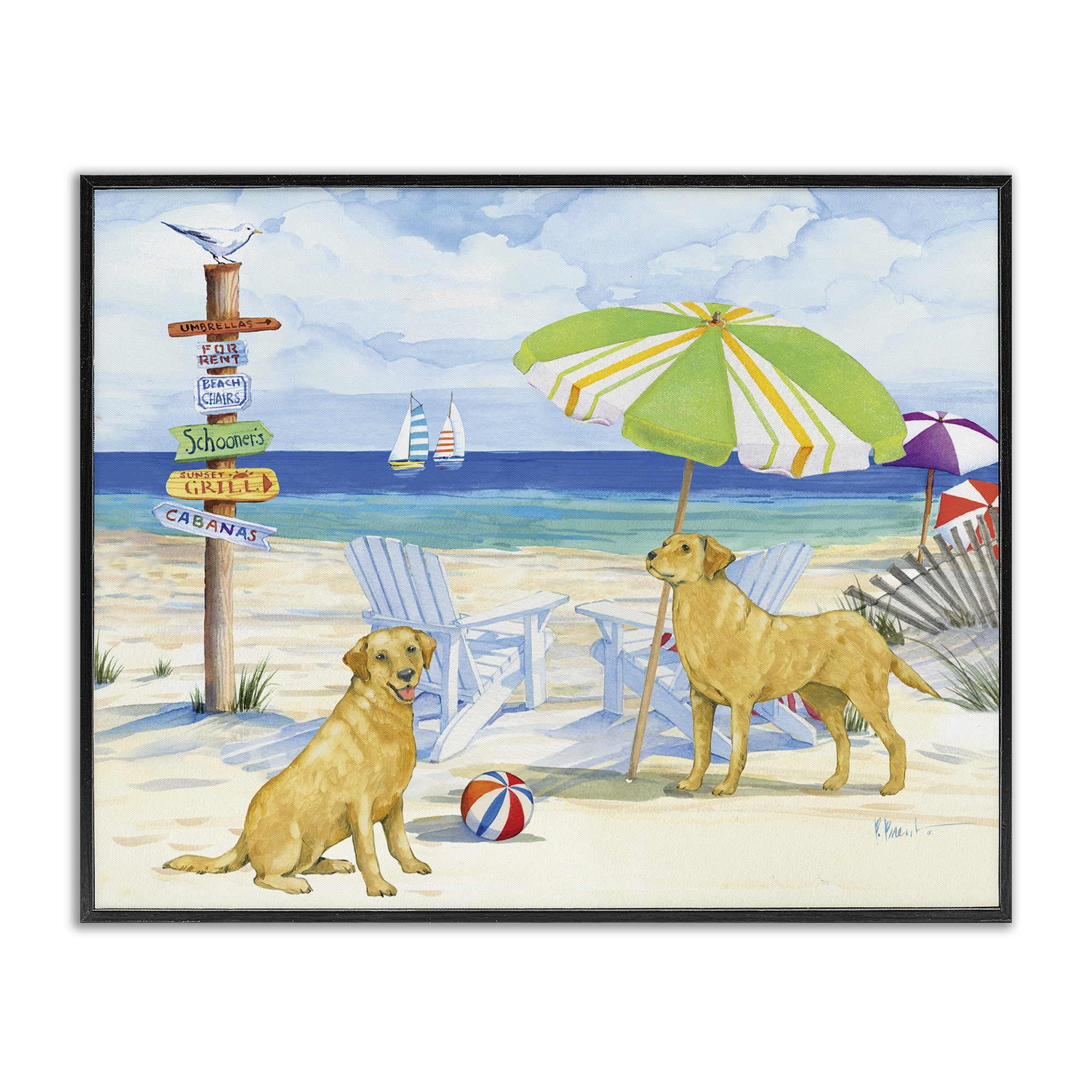 Stupell Industries Retriever Dogs at Beach Animals & Insects Painting Black Framed Art Print Wall Art, 20 x 16