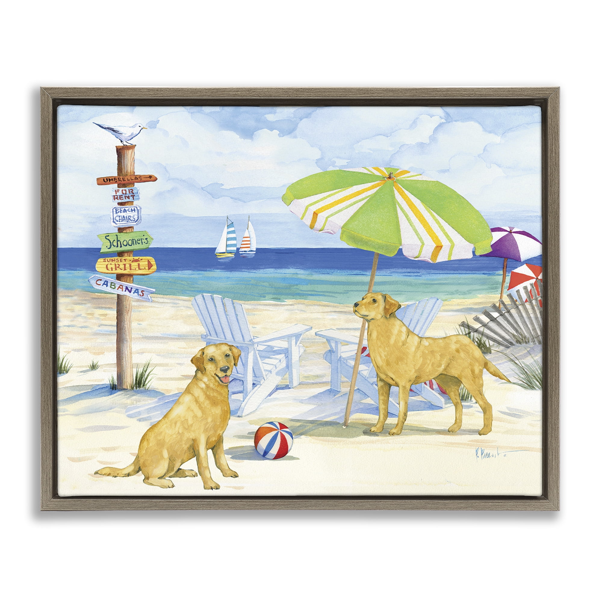 Stupell Industries Retriever Dogs at Beach Animals & Insects Painting Brown Floater Framed Canvas Art Print Wall Art, 21 x 17