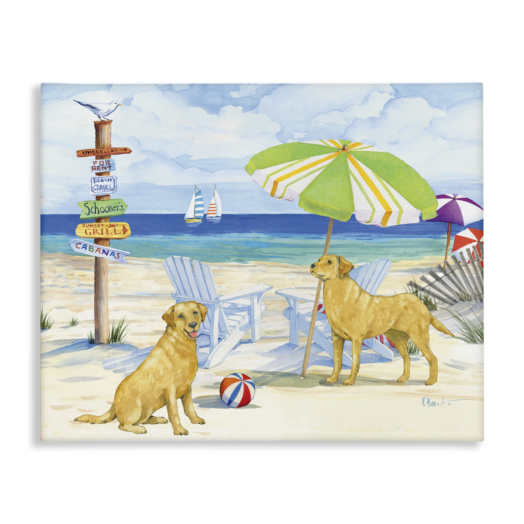Stupell Industries Retriever Dogs at Beach Animals & Insects Painting Gallery Wrapped Canvas Art Print Wall Art, 48 x 36