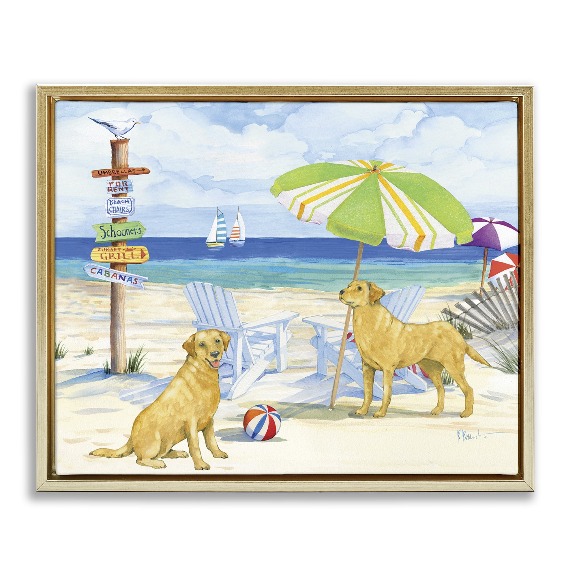Stupell Industries Retriever Dogs at Beach Animals & Insects Painting Gold Floater Framed Canvas Art Print Wall Art, 31 x 25