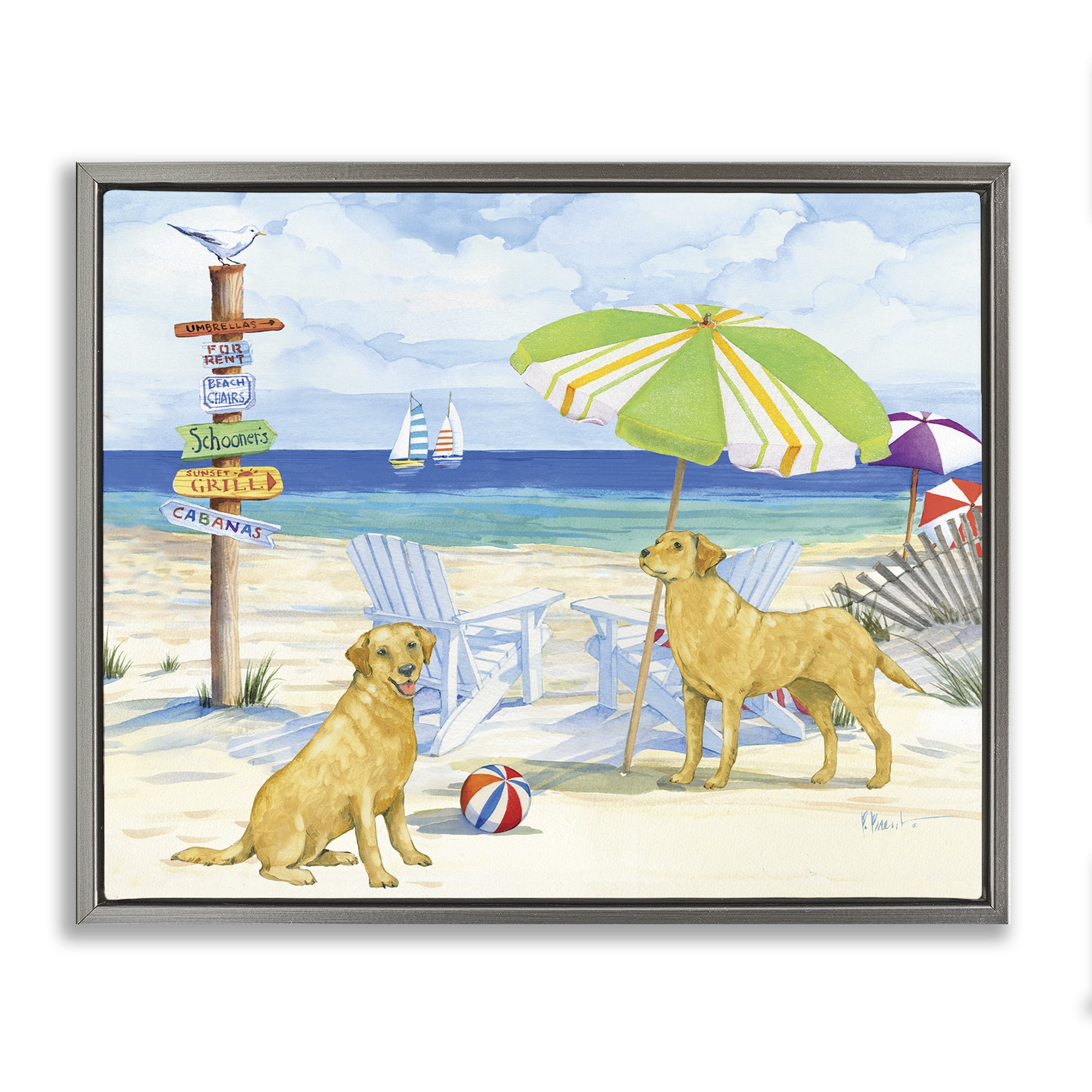 Stupell Industries Retriever Dogs at Beach Animals & Insects Painting Gray Floater Framed Canvas Art Print Wall Art, 31 x 25