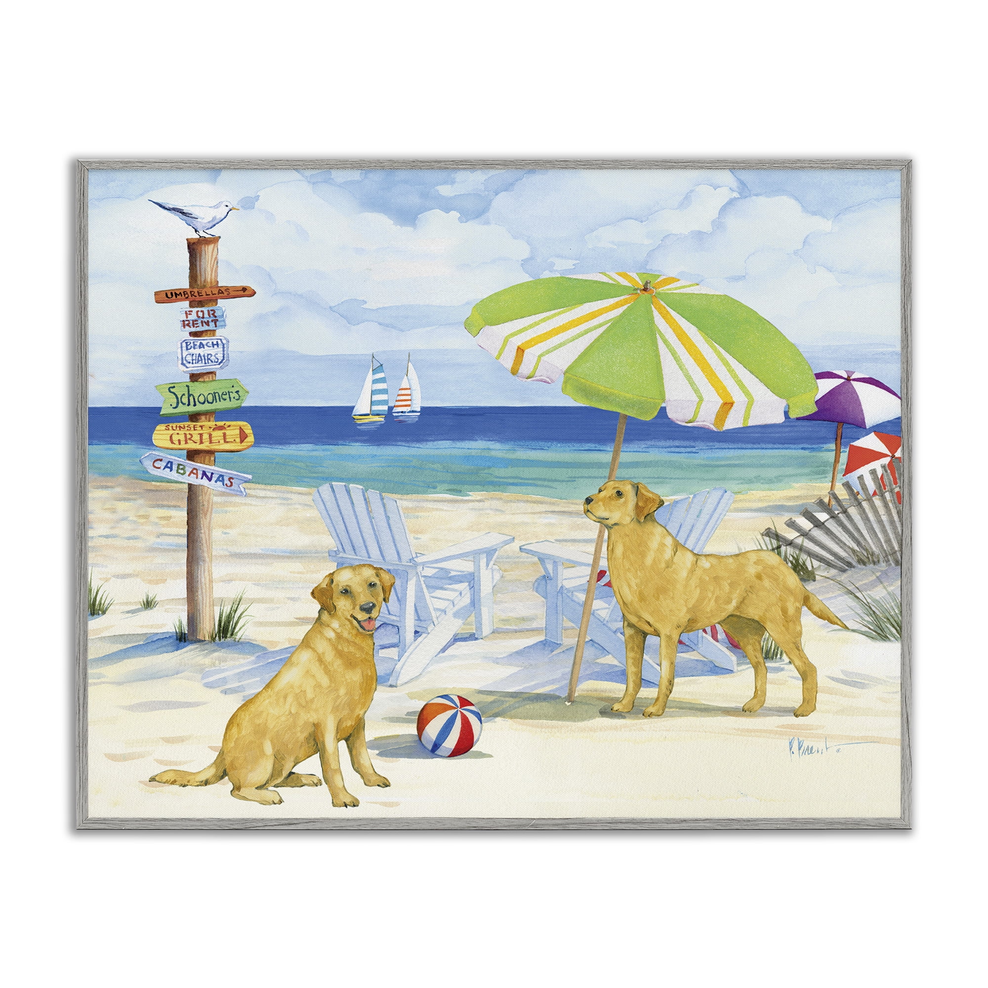 Stupell Industries Retriever Dogs at Beach Animals & Insects Painting Gray Framed Art Print Wall Art, 14 x 11