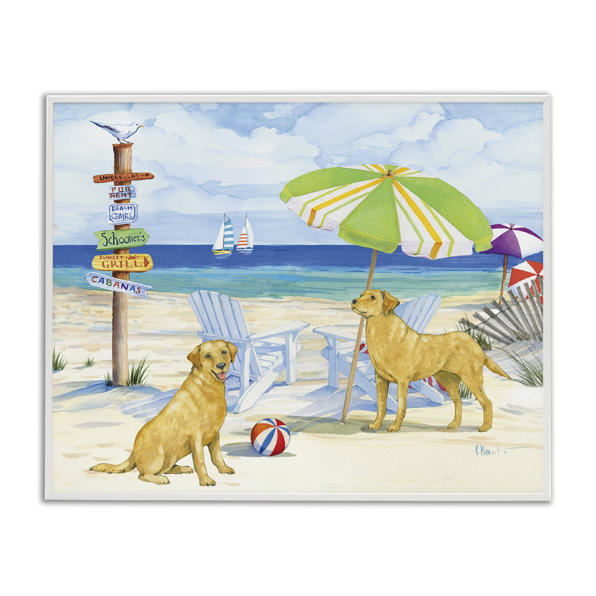 Stupell Industries Retriever Dogs at Beach Animals & Insects Painting White Framed Art Print Wall Art, 30 x 24