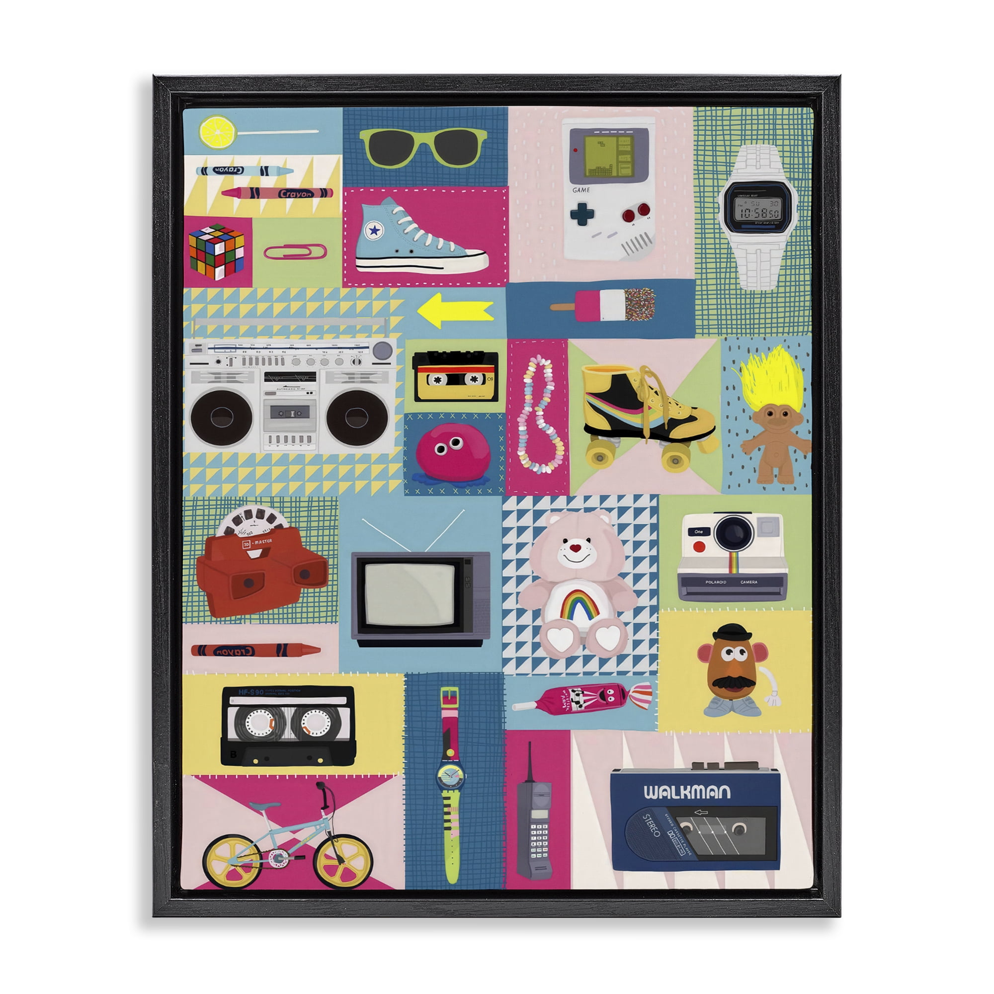 Stupell Industries Retro 80's Patchwork Collection Black Framed Floater Canvas Wall Art, design by Hanna Melin