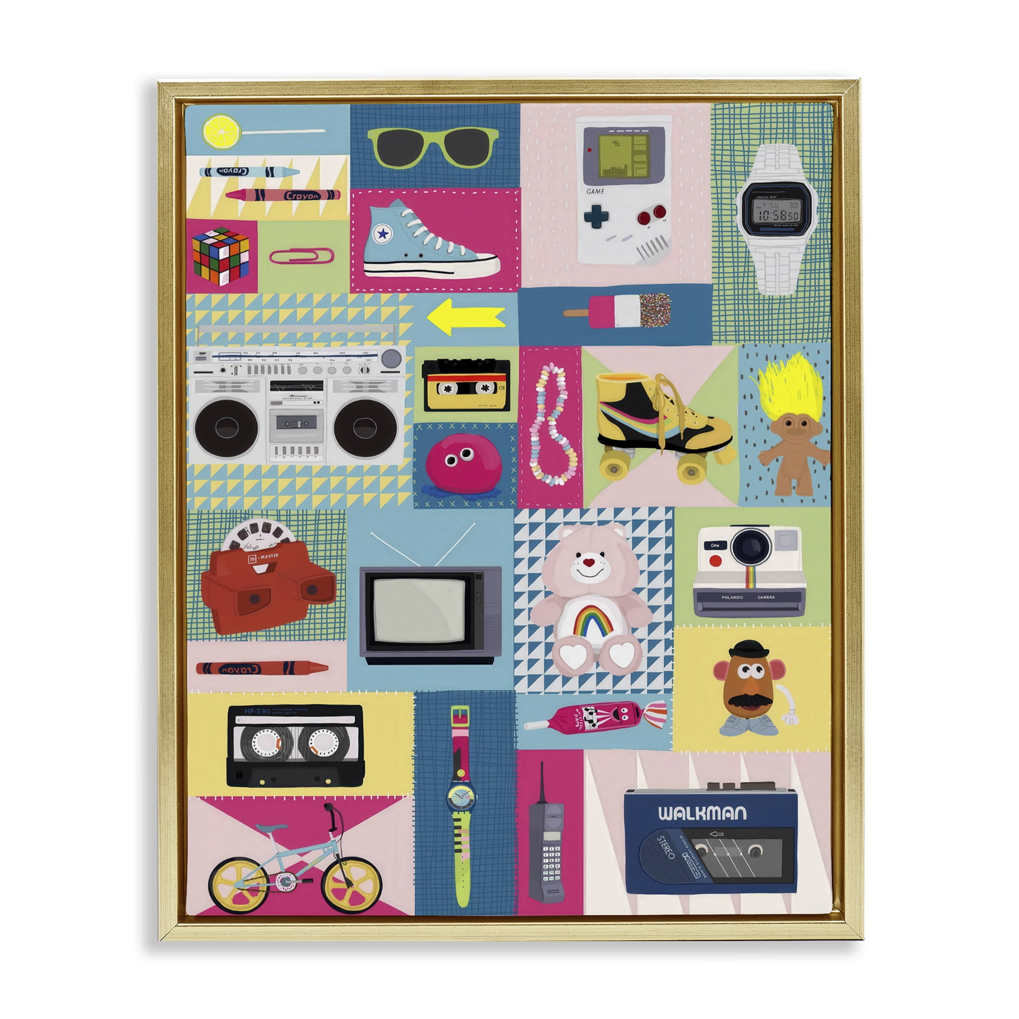 Stupell Industries Retro 80's Patchwork Collection Gold Framed Floater Canvas Wall Art, design by Hanna Melin