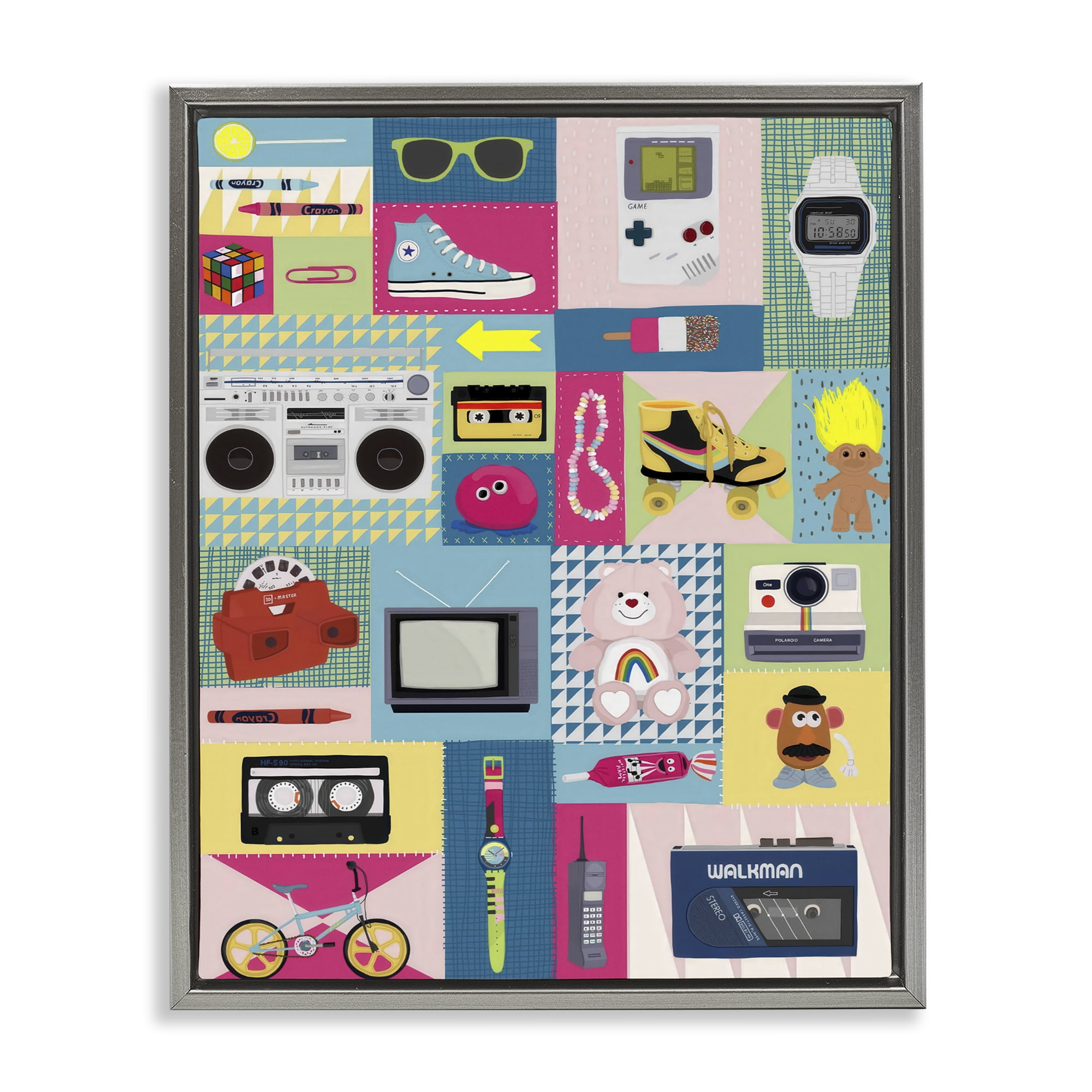 Stupell Industries Retro 80's Patchwork Collection Gray Framed Floater Canvas Wall Art, design by Hanna Melin