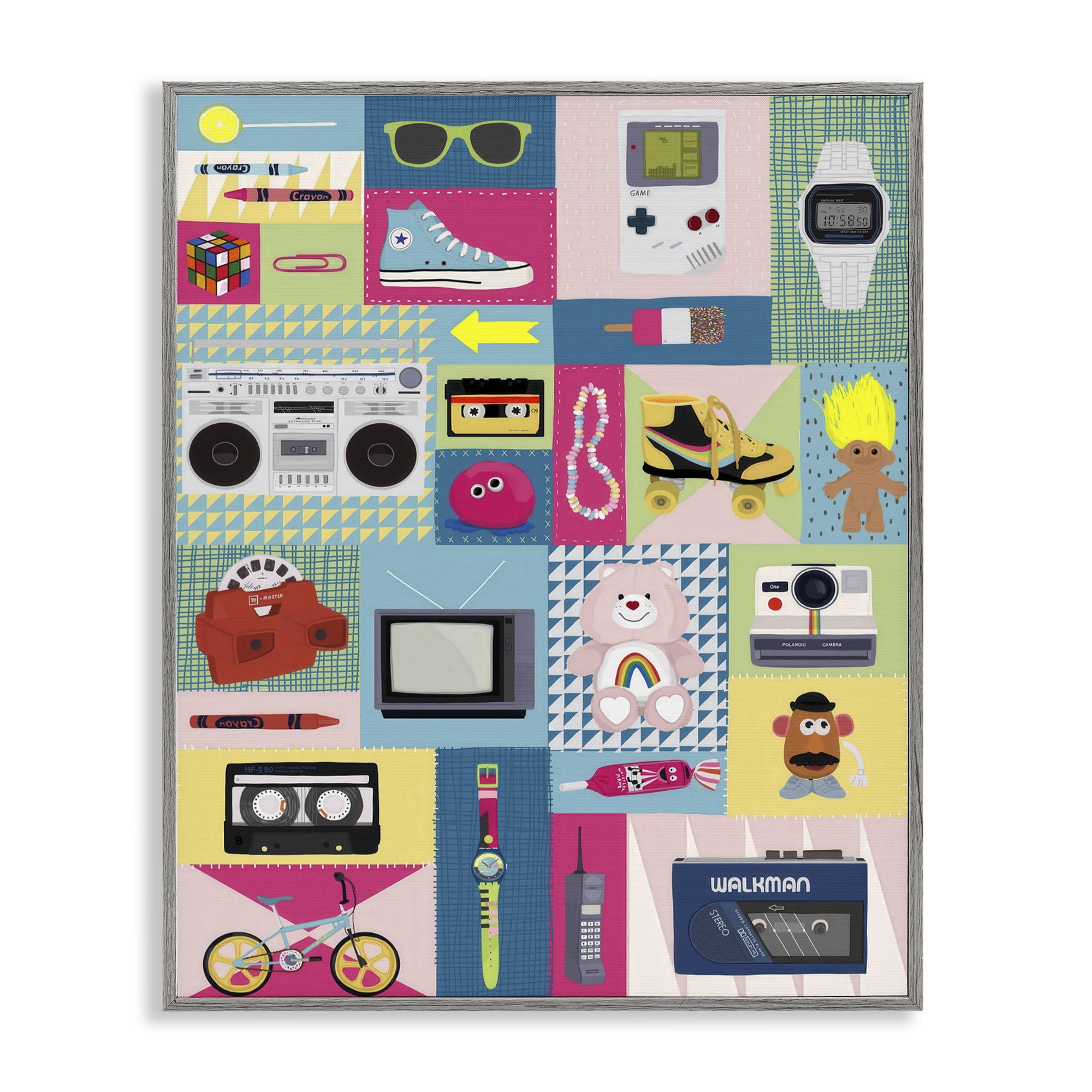 Stupell Industries Retro 80's Patchwork Collection Gray Framed Giclee Art, design by Hanna Melin