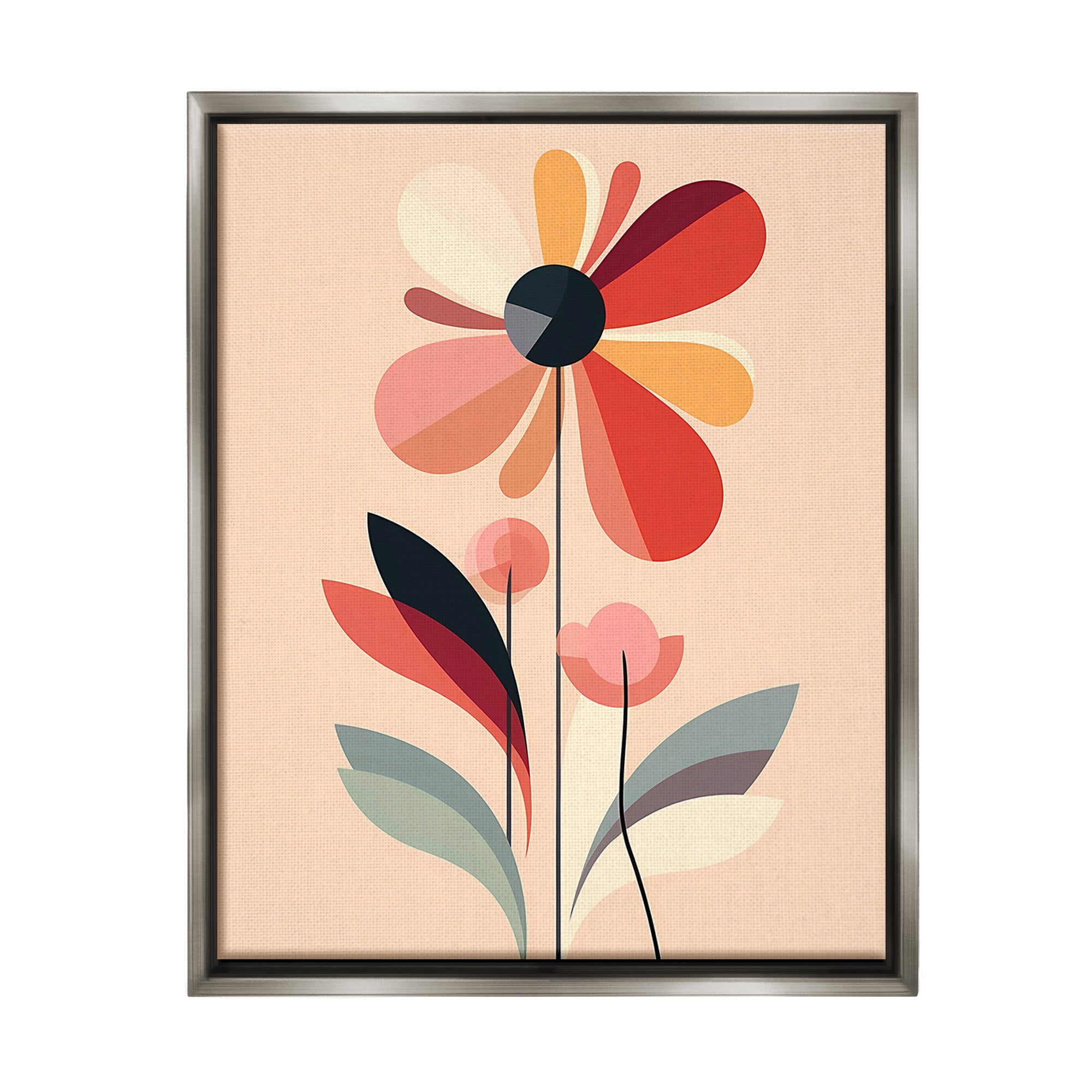 Stupell Industries Retro Abstract Bloom Botanical & Floral Painting Gray Floater Framed Canvas Art Print Wall Art, 17 x 21