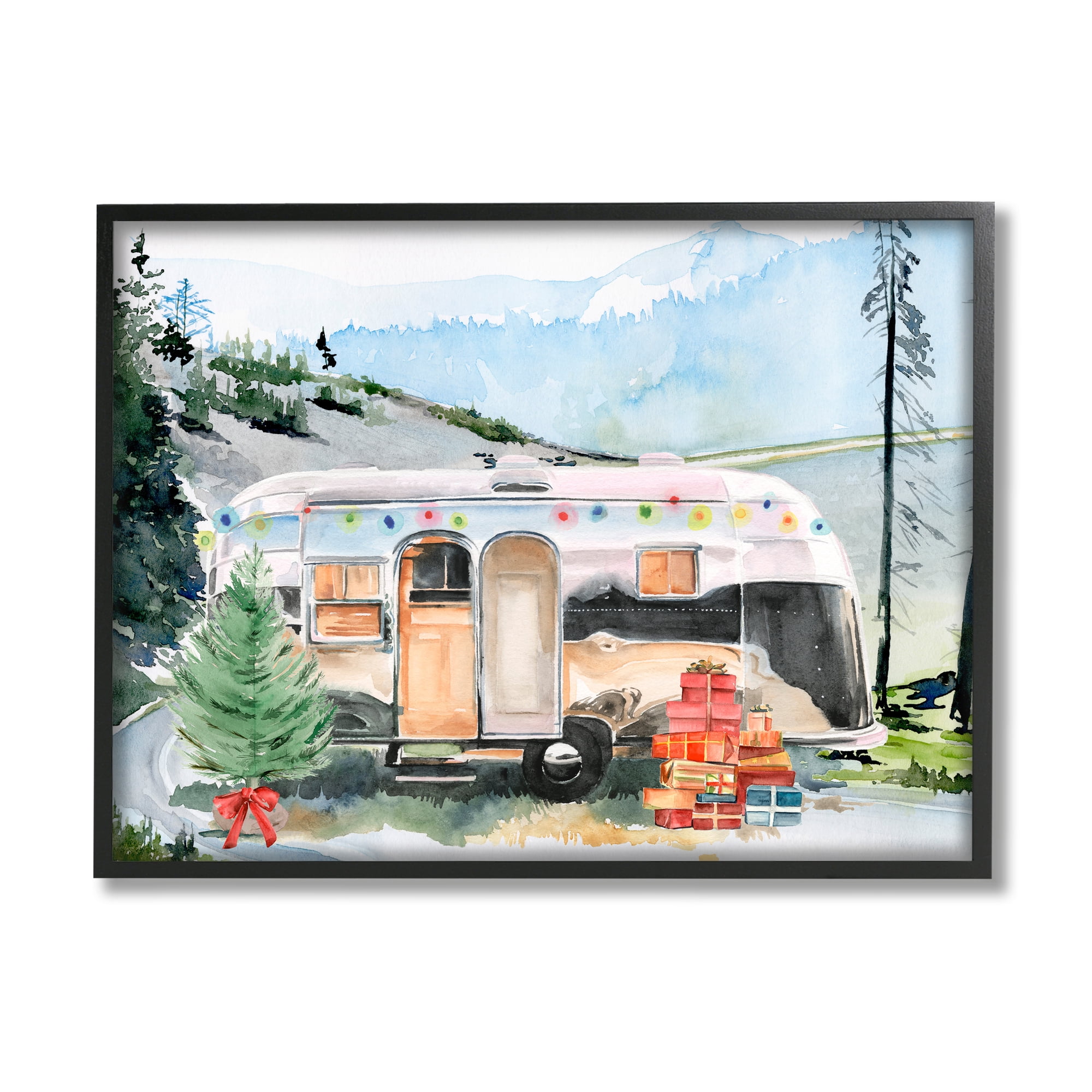Stupell Industries Retro Airstream Camper Rustic Christmas Scene Presents Trees Graphic Art Black Framed Art Print Wall Art, 30x24, by Jennifer Paxton Parker&nbsp;