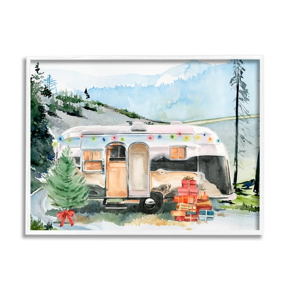 Stupell Industries Retro Airstream Camper Rustic Christmas Scene Presents Trees Graphic Art White Framed Art Print Wall Art, 14x11, by Jennifer Paxton Parker 