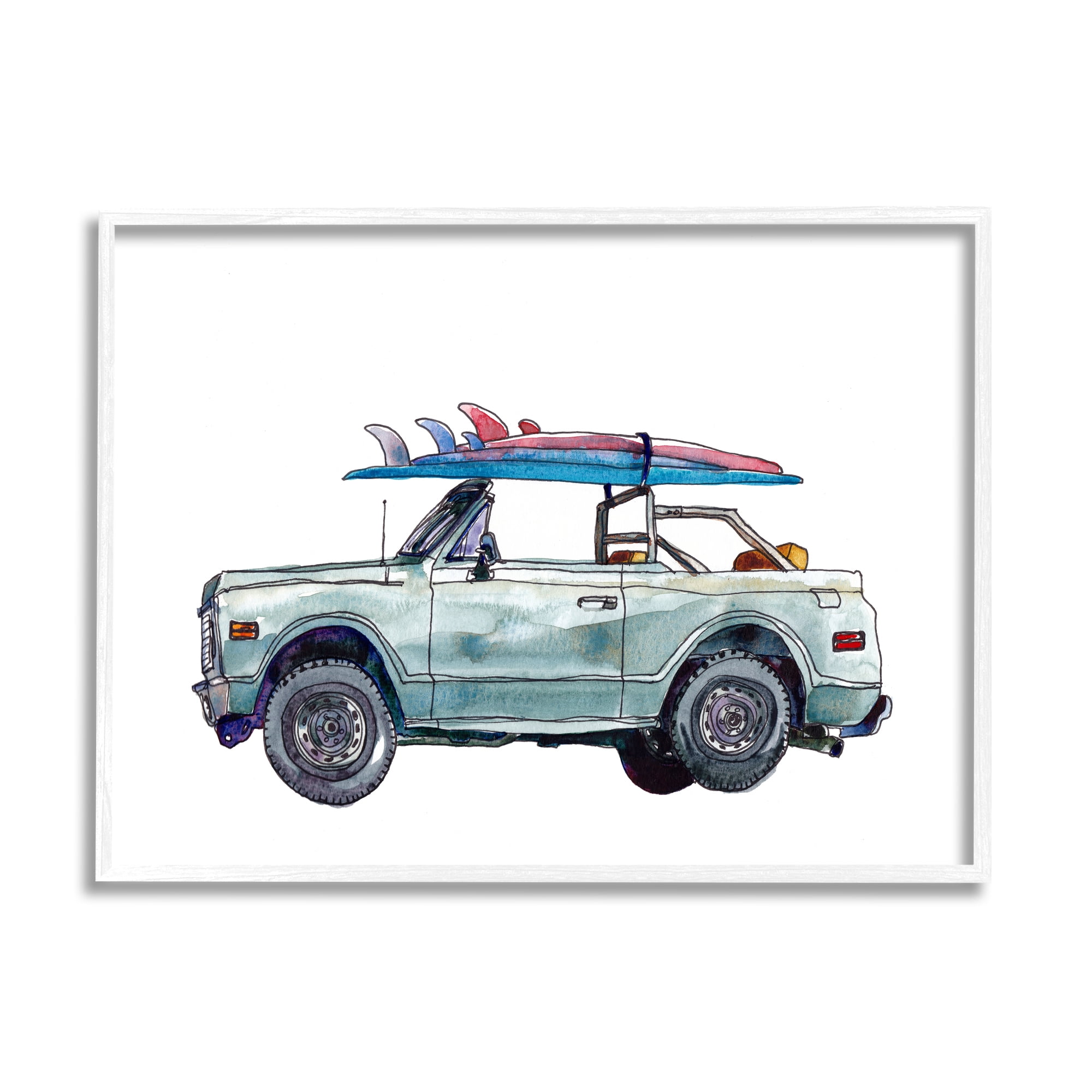 Retro Beach Cruiser with Surfboards Canvas Print in White Frame
