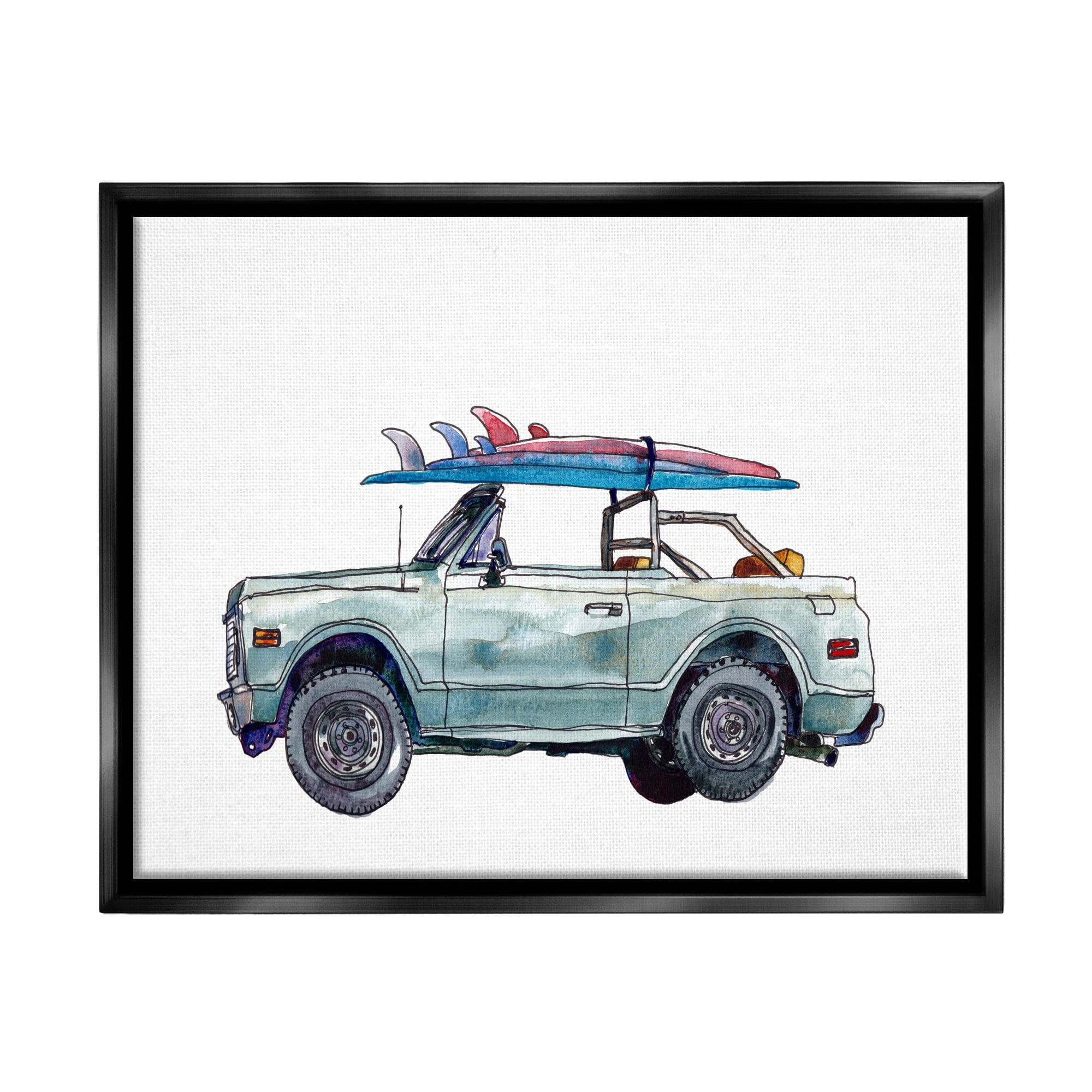 Stupell Industries Retro Beach Cruiser with Surfboard Minimal Illustration Jet Black Framed Floating Canvas Wall Art, 24x30, by Paul McCreery