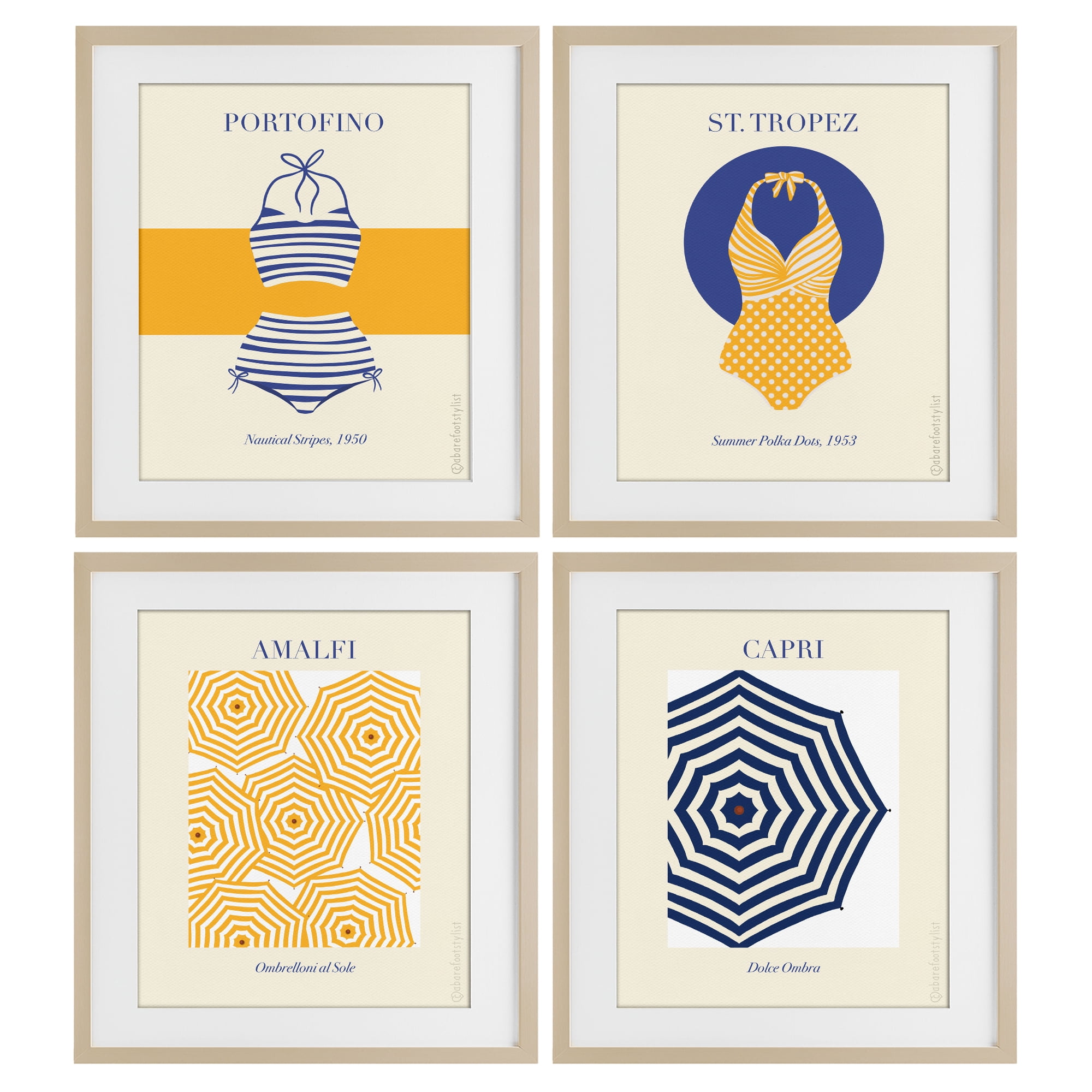 Stupell Industries Retro Beach Vacation Elements 4 Piece Birch Framed Print Under Glass Set, design by A Barefoot Stylist